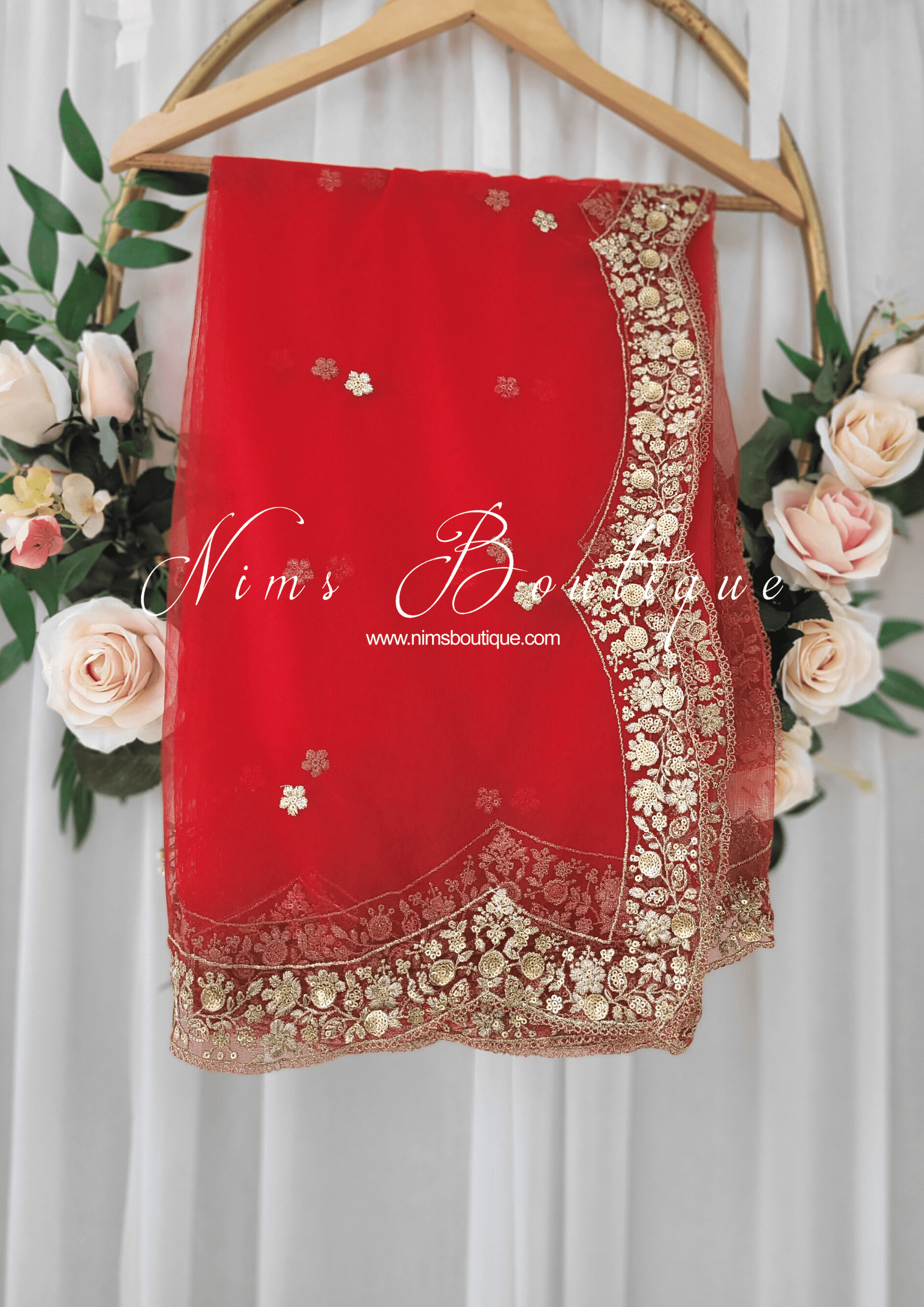 Nims Boutique Luxury Red Net Sequin Scallop Edge Dupatta/Chunni SE2