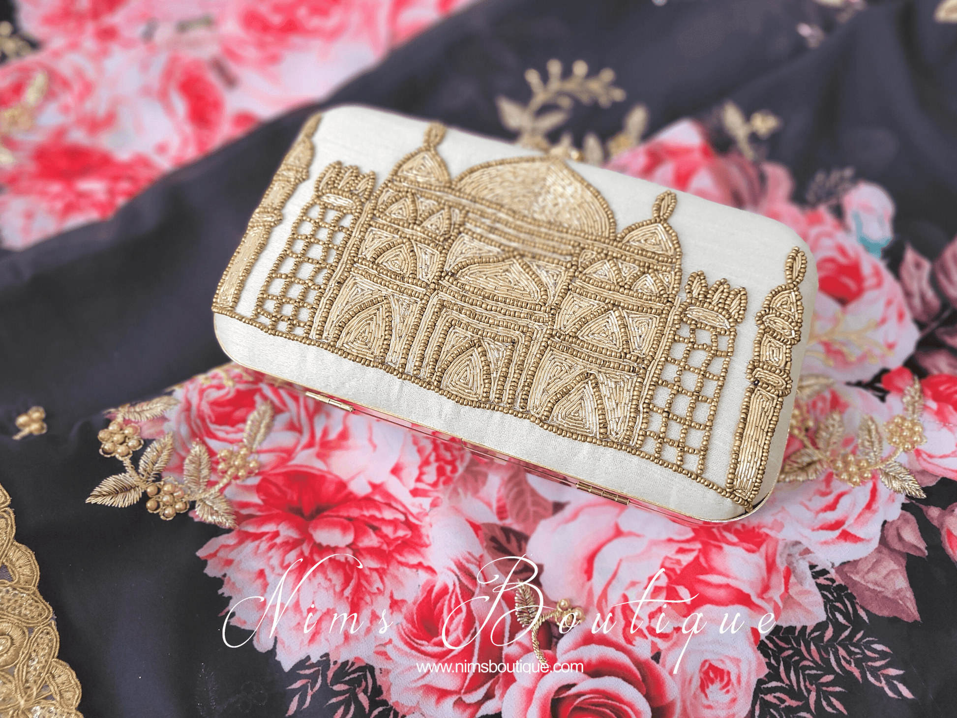 Nims Boutique Taj Cream Raw Silk Clutch Bag
