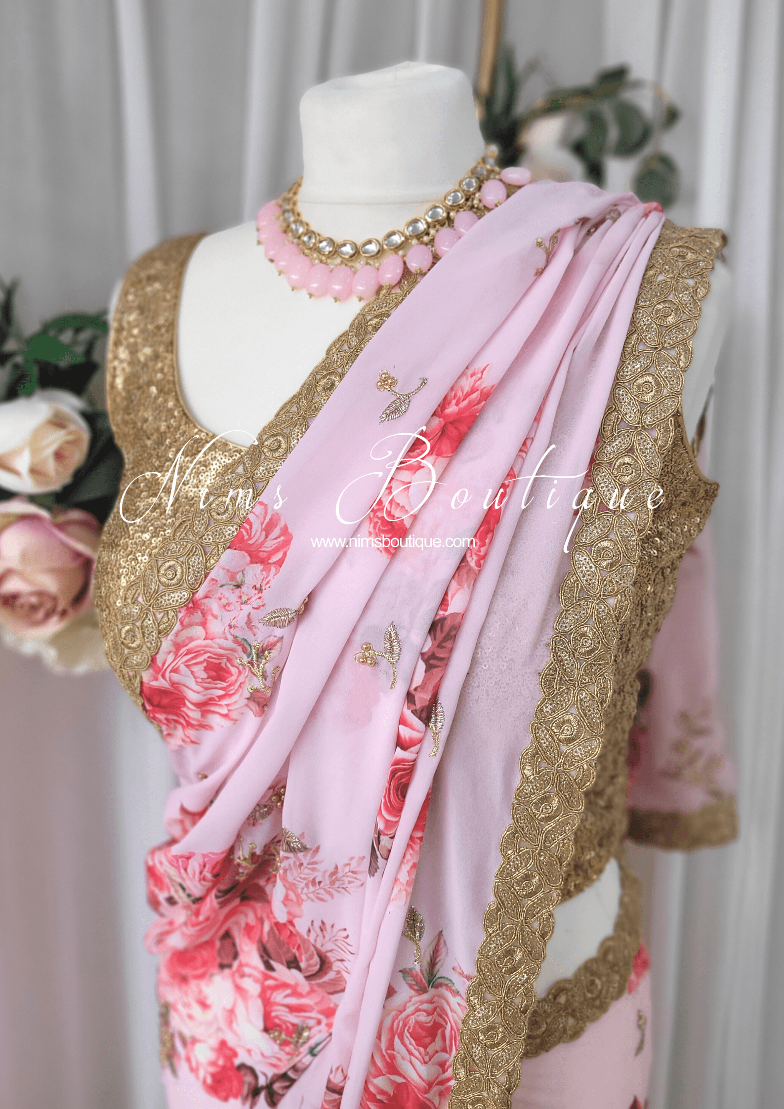 Nims Boutique La Floraison Pink Floral Georgette Saree