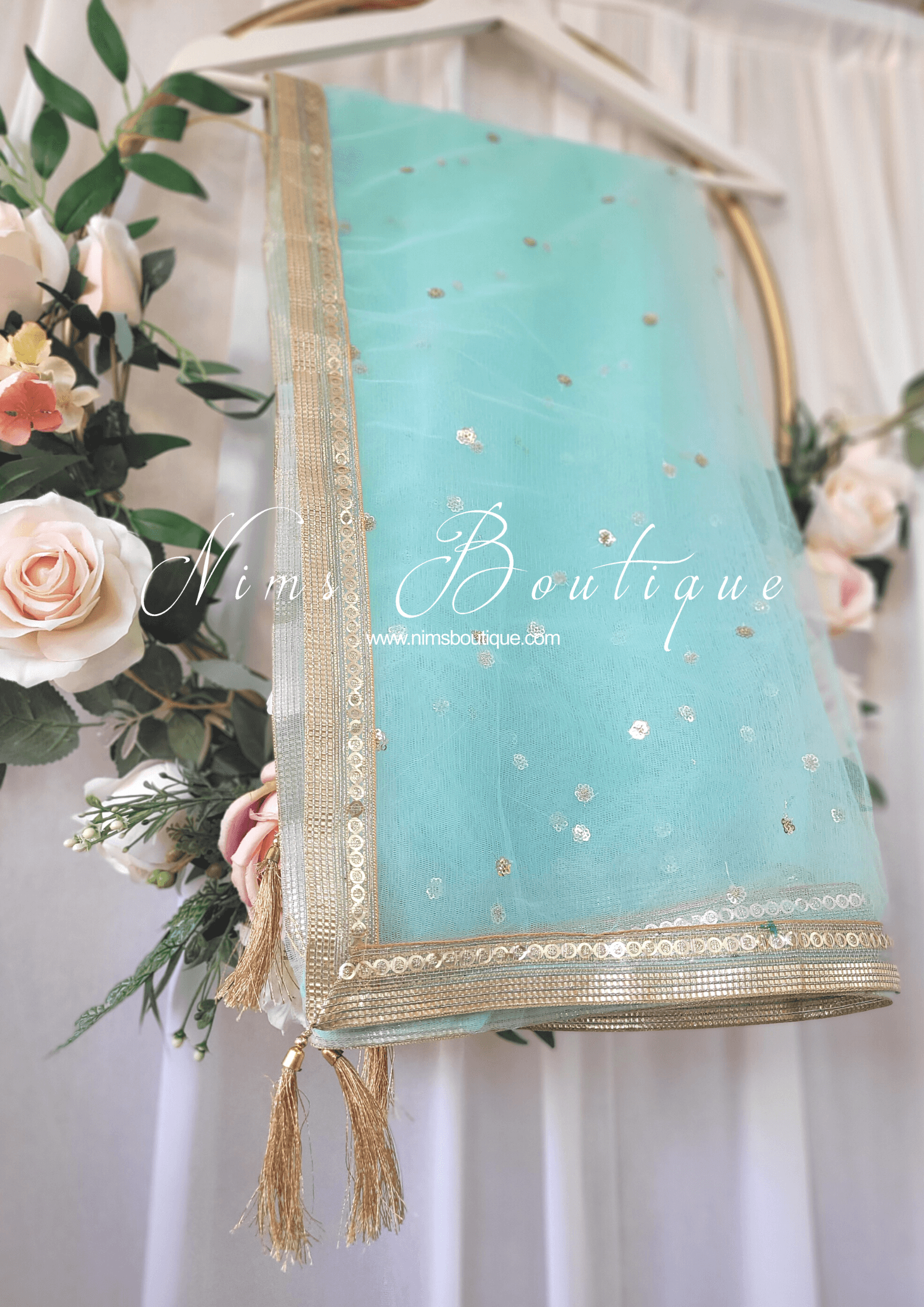 Nims Boutique Light Aqua Net Sequin Dupatta/Chunni NS13