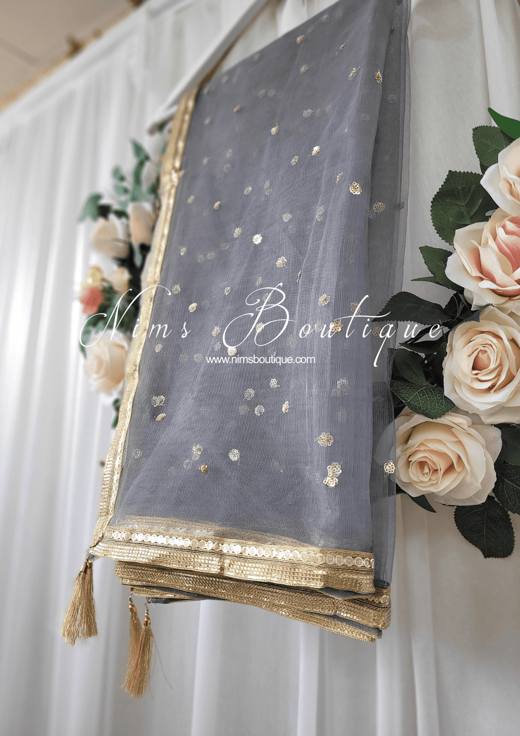 Nims Boutique Grey Net Sequin Dupatta/Chunni
