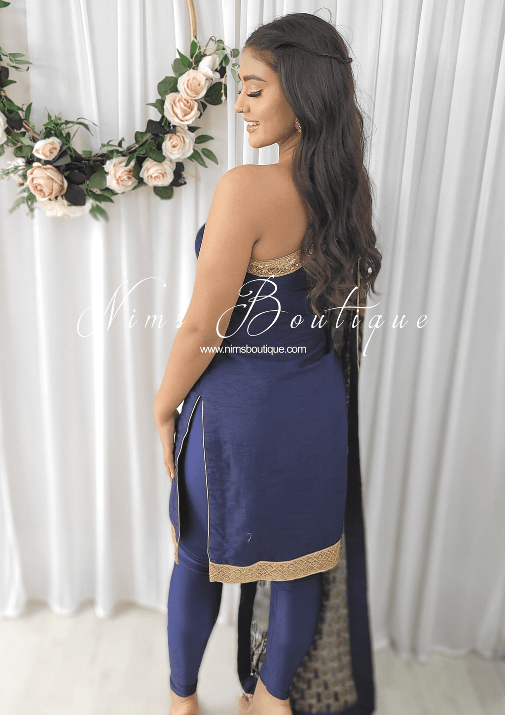 Nims Boutique One Shoulder Silk Navy Pajami Suit sizes 4-16
