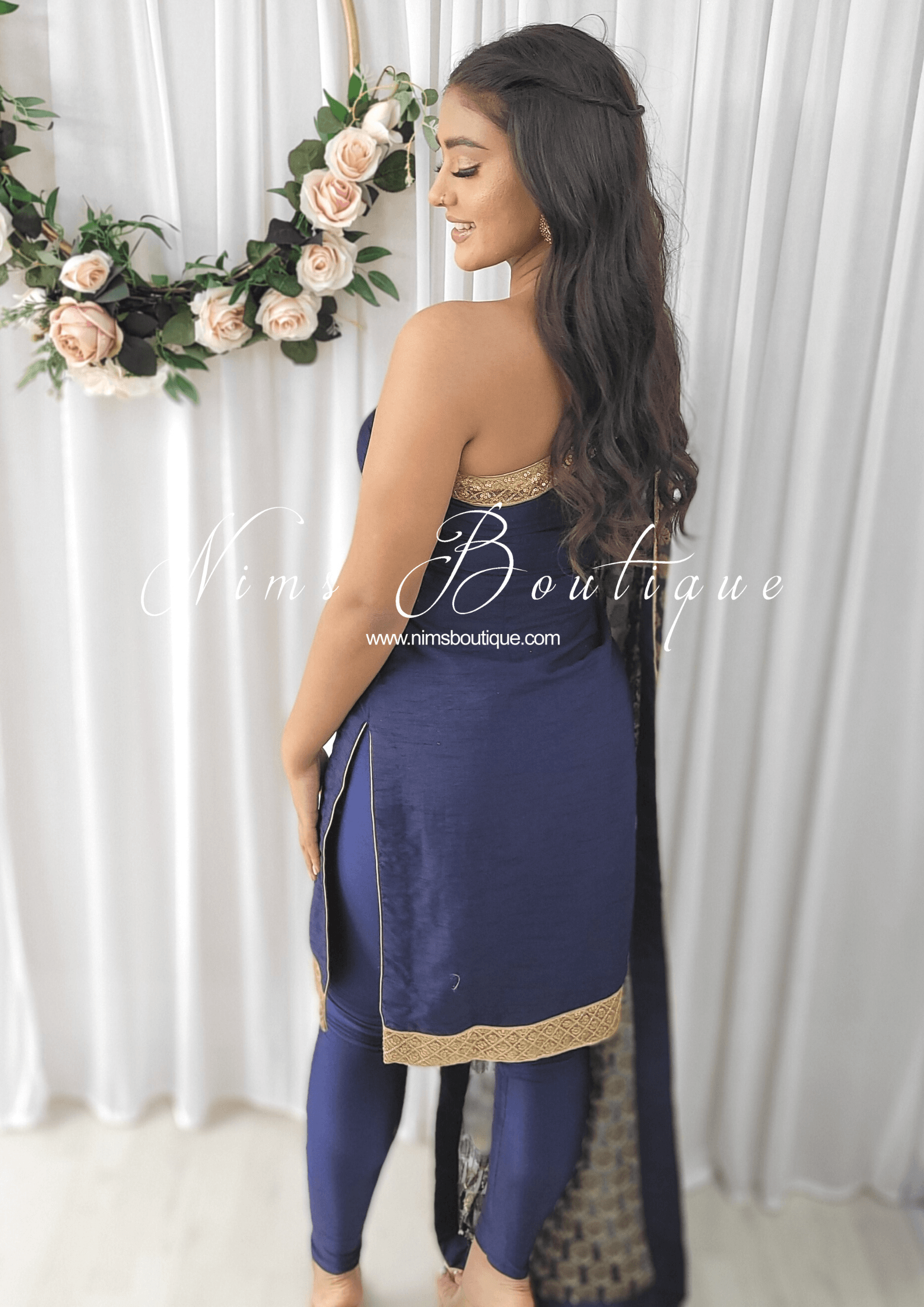 Nims Boutique One Shoulder Silk Navy Pajami Suit sizes 4-16