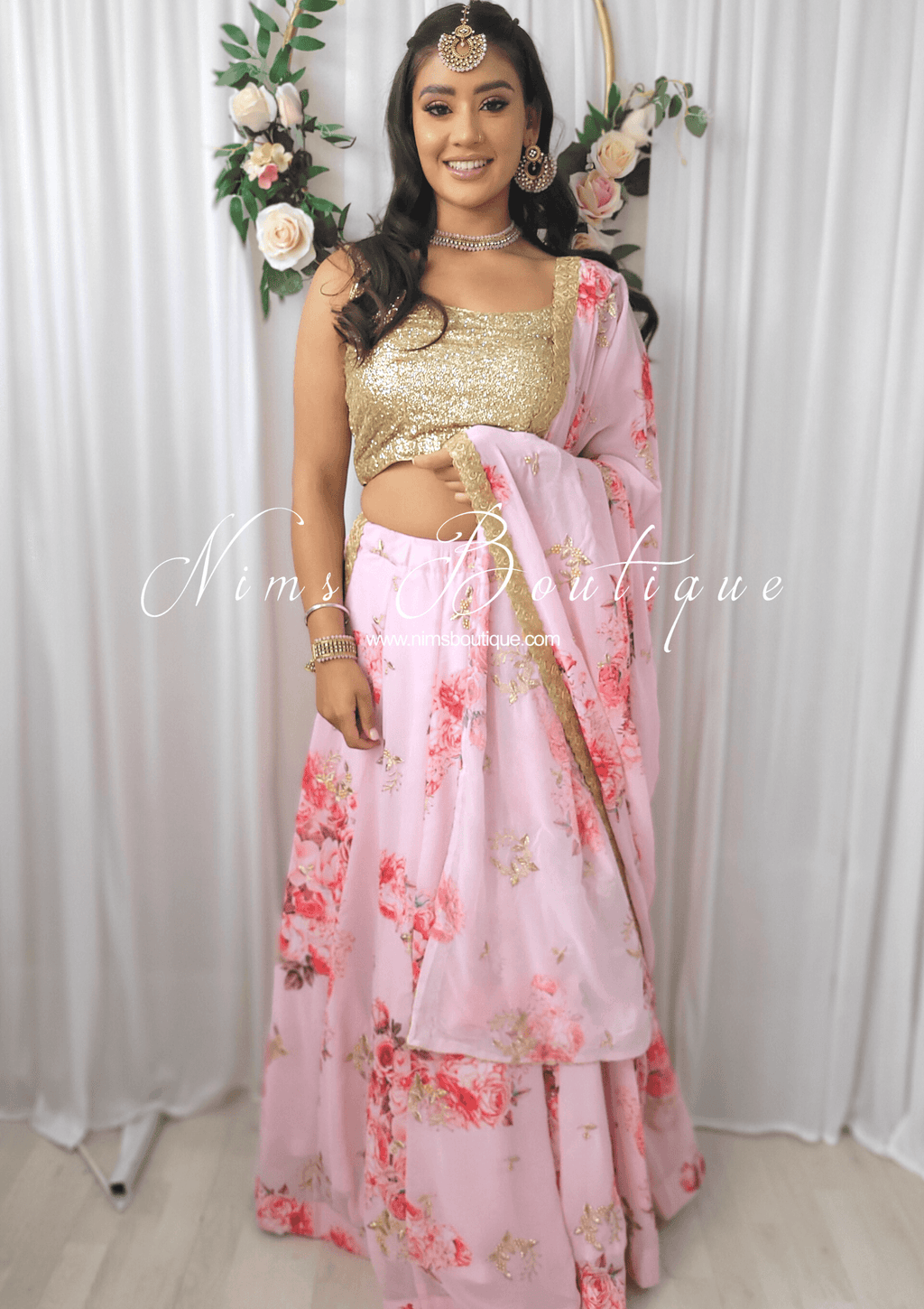 Nims Boutique La Floraison Pink Georgette Floral readymade skirt/lehnga sizes 4-24