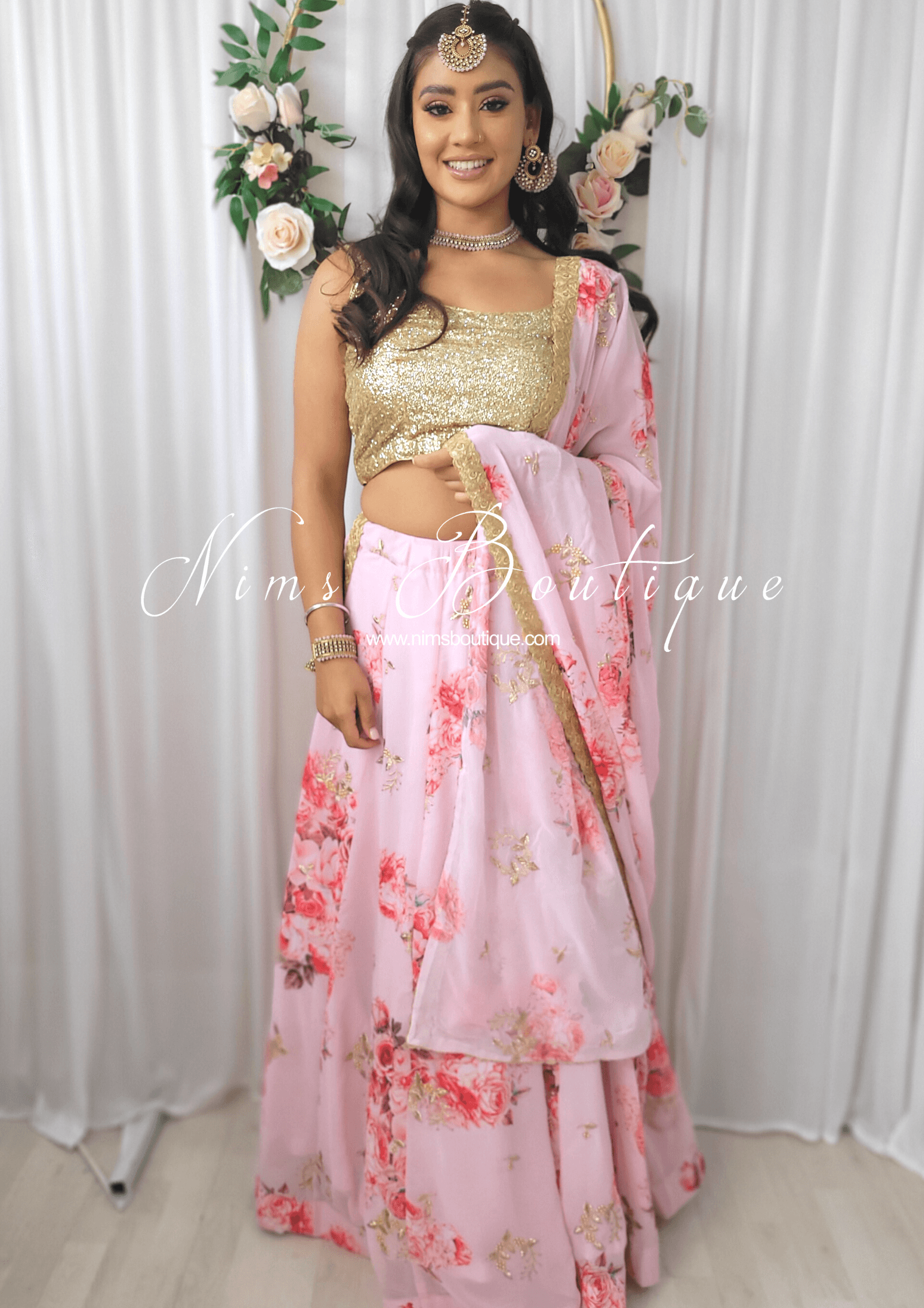 Nims Boutique La Floraison Pink Georgette Floral readymade skirt/lehnga sizes 4-24
