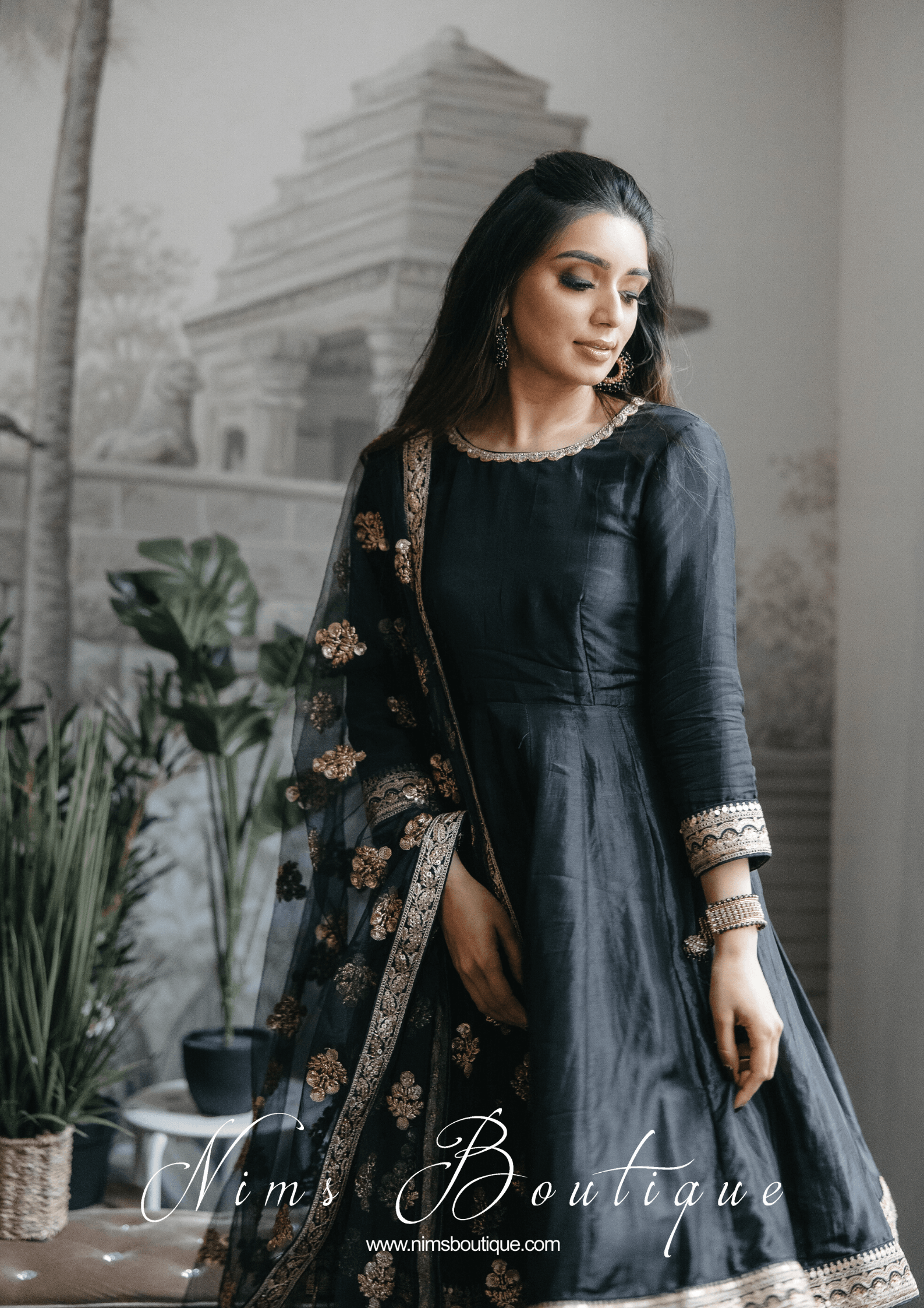 Nims Boutique Rashmi Luxury Black Silk Anarkali Suit with Pajami Sizes 4-16