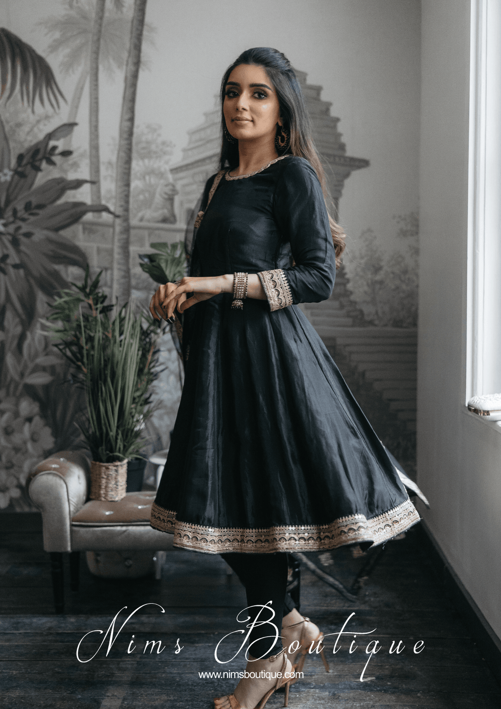 Nims Boutique Rashmi Luxury Black Silk Anarkali Suit with Pajami Sizes 4-16