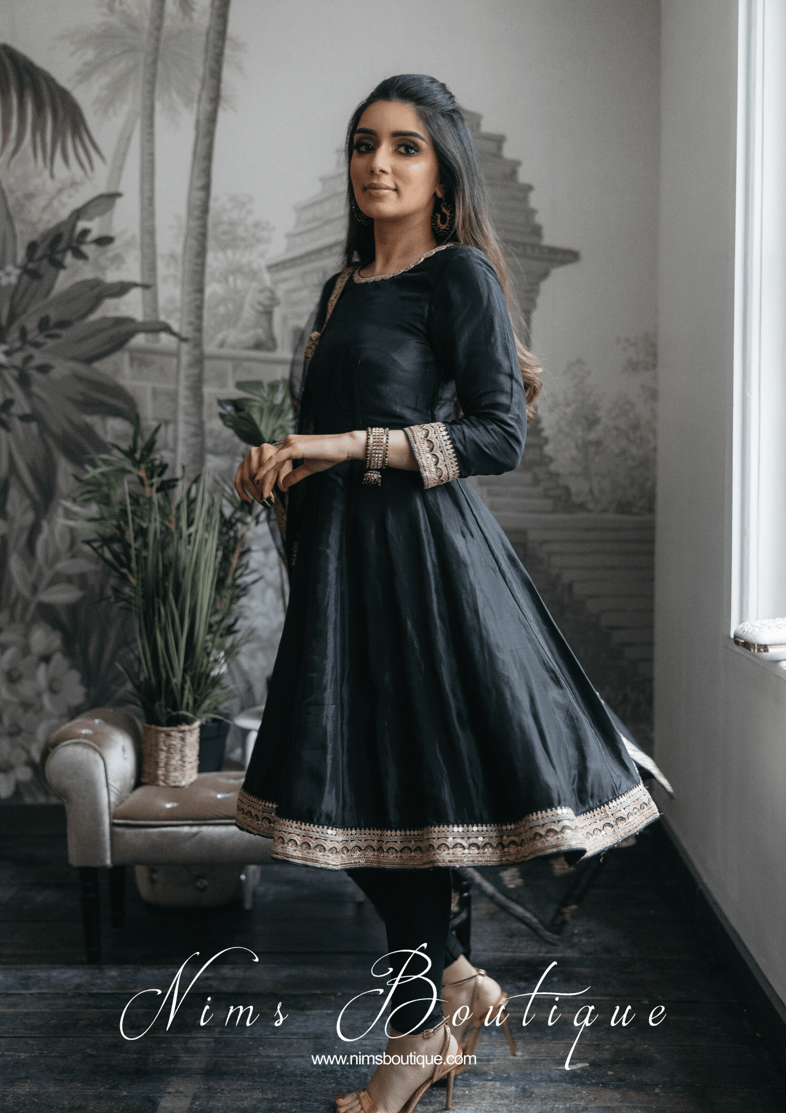 Nims Boutique Rashmi Luxury Black Silk Anarkali Suit with Pajami Sizes 4-16