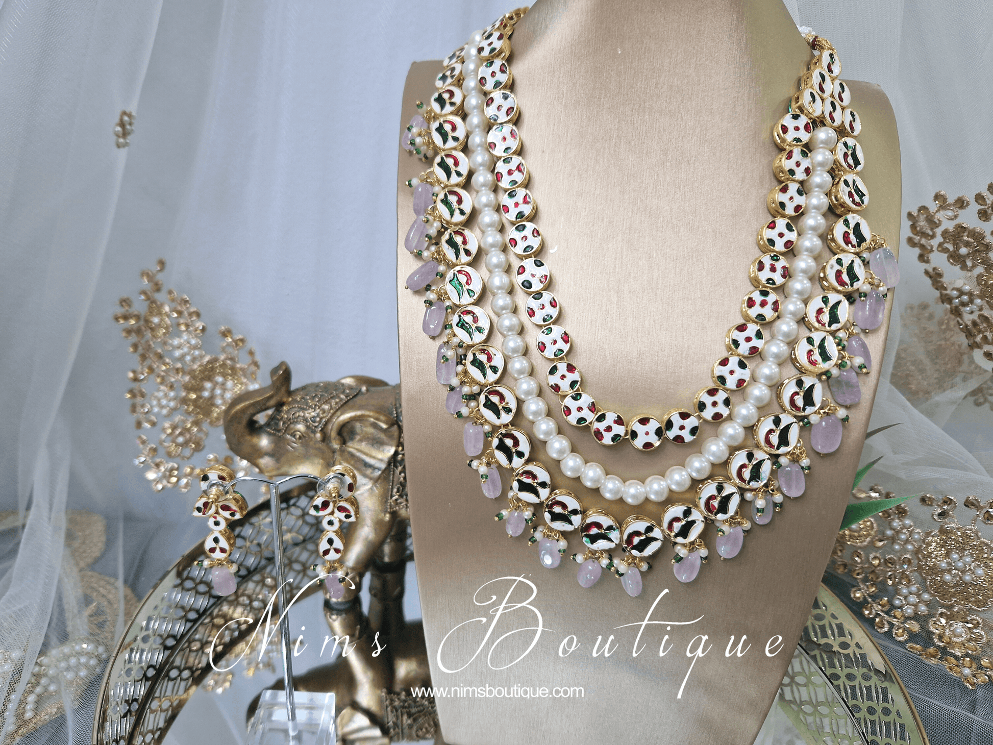 Nims Boutique Myra Blossom Kundan Lilac & Pink Haar Set