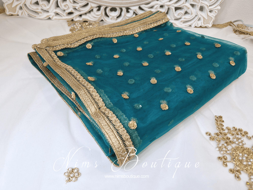 Nims Boutique Luxury Peacock Green Net Sequin Dupatta/Chunni LNS12