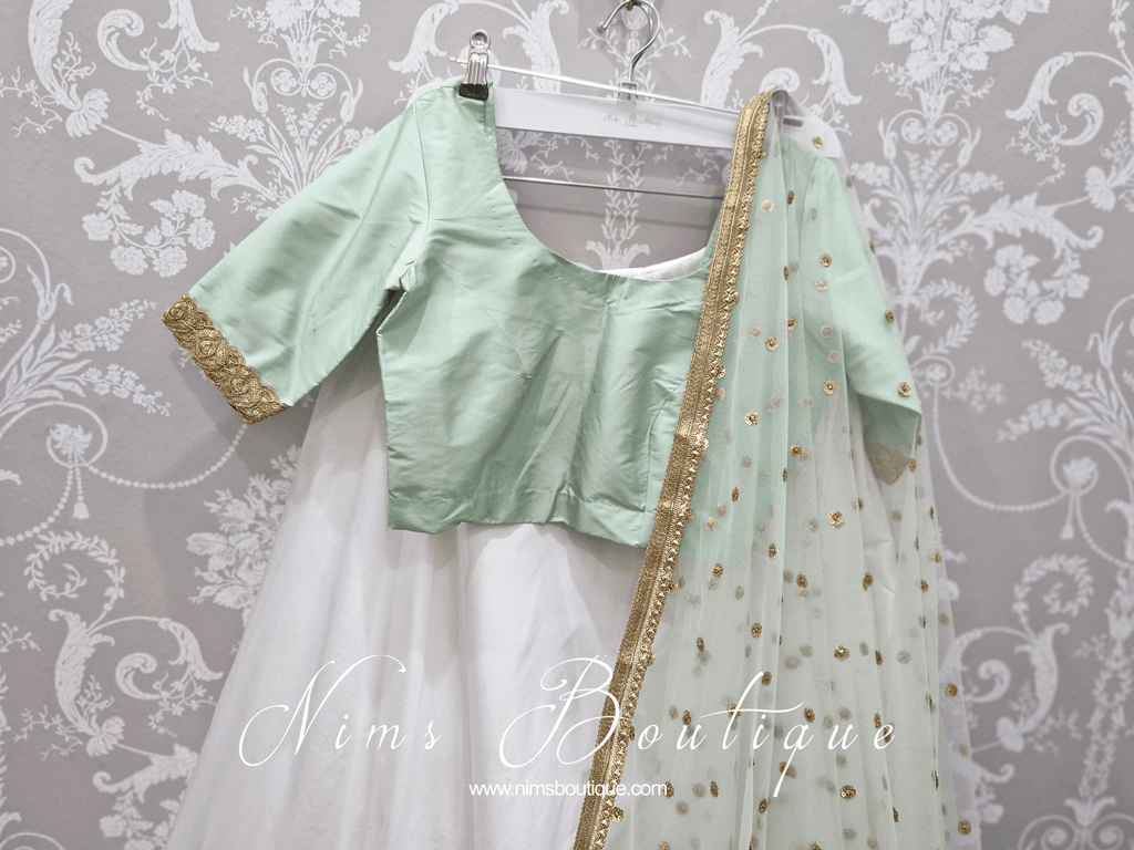 Nims Boutique Mint Pure Silk Scoop Neck Blouse with sleeves, gold edging size 4-20