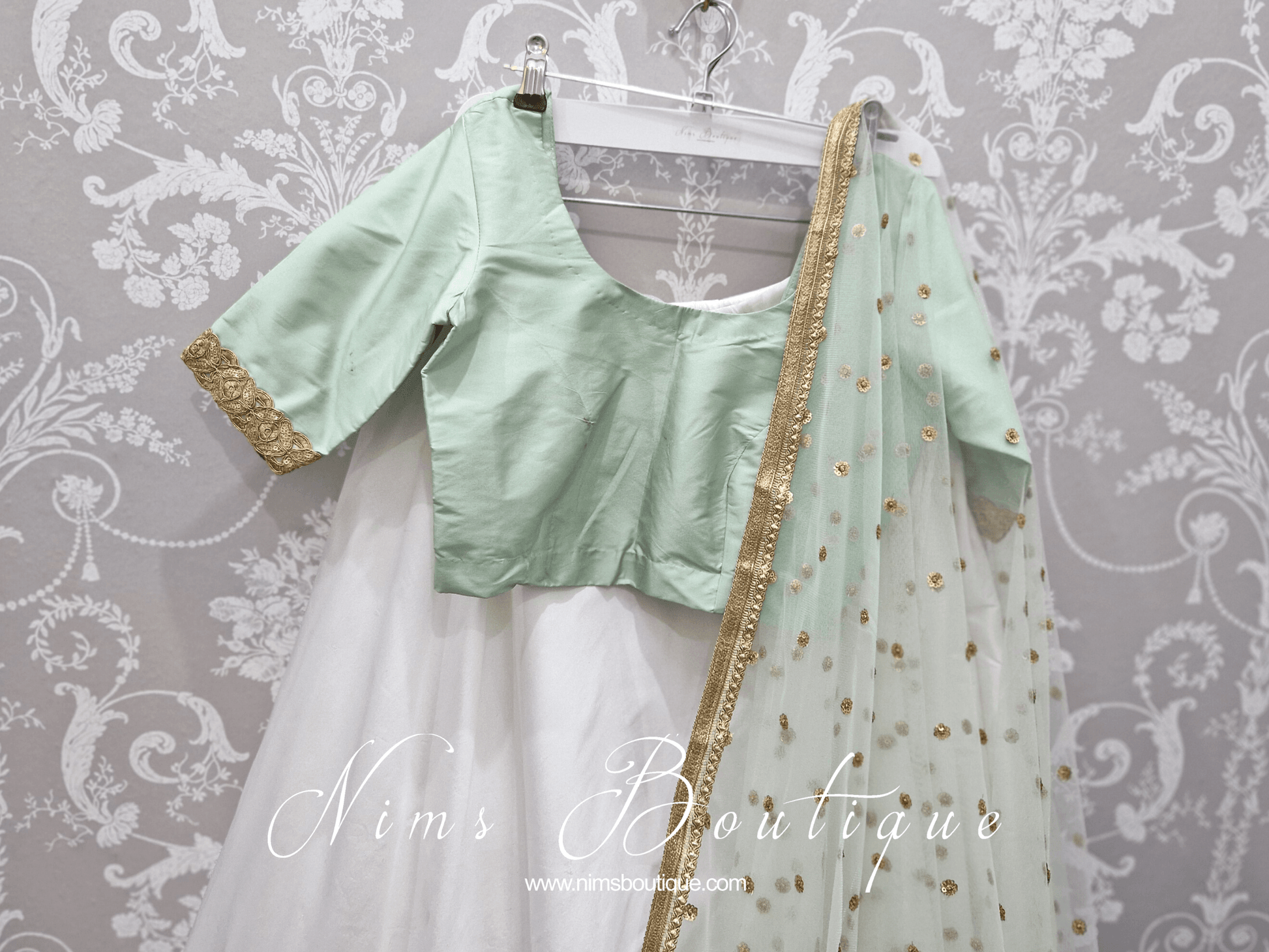Nims Boutique Mint Pure Silk Scoop Neck Blouse with sleeves, gold edging size 4-20