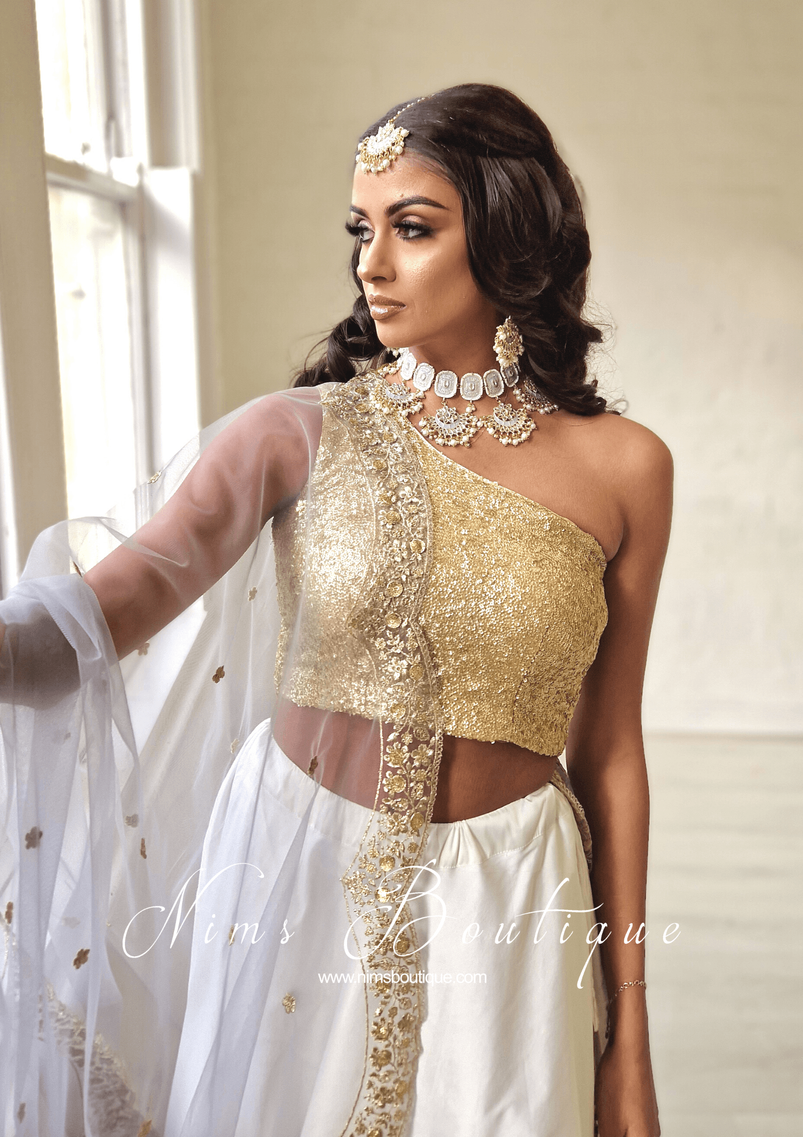 Nims Boutique Luxury One Shoulder Rose Gold Sequin Blouse 4-22