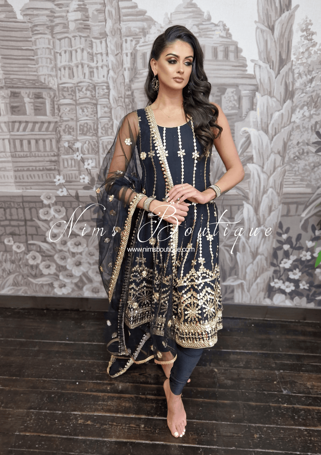 Nims Boutique Sofiya Black Sequin Anarkali Suit with Pajami sizes 4-16
