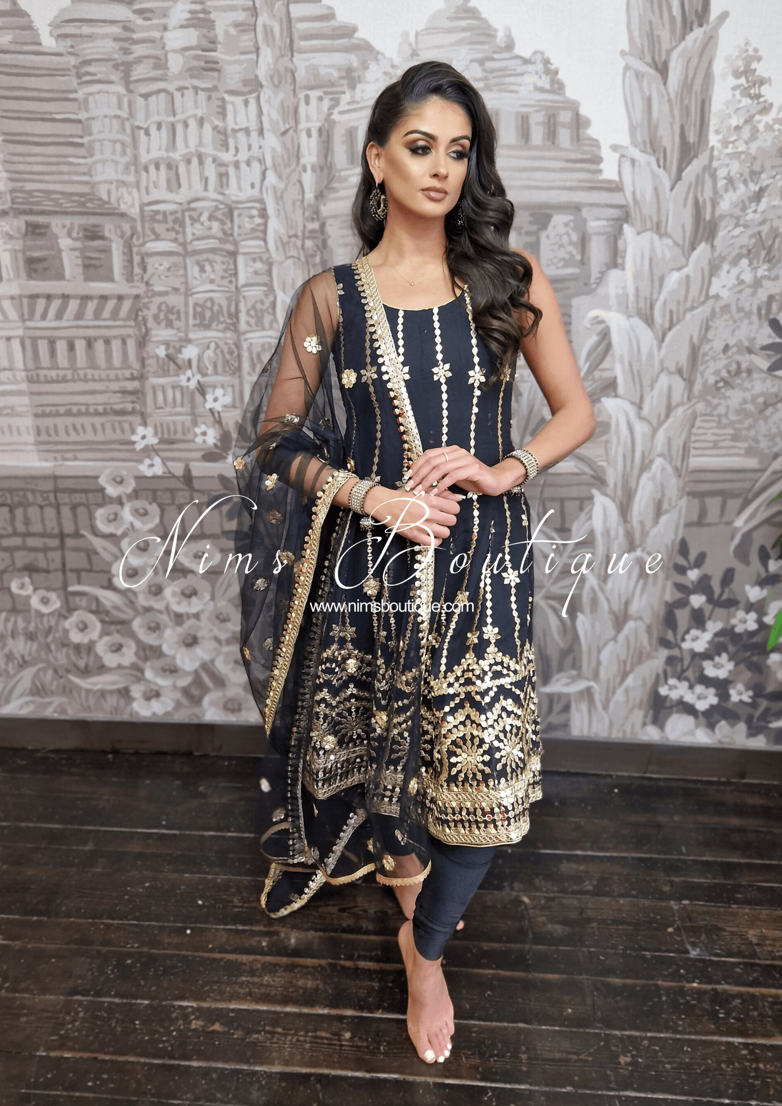 Nims Boutique Sofiya Black Sequin Anarkali Suit with Pajami sizes 4-16