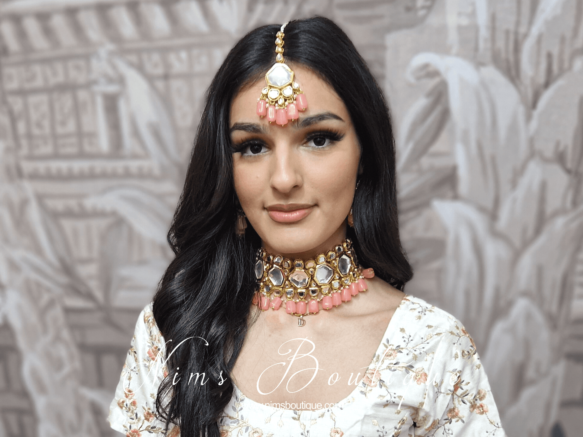 Nims Boutique Pihu Light Coral Blossom Kundan Set