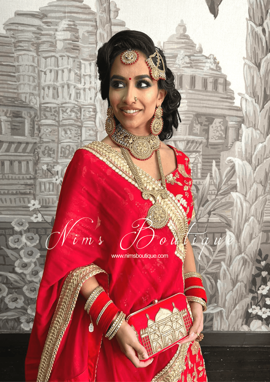 Nims Boutique Madhubala Antique Gold & Red Bridal Set