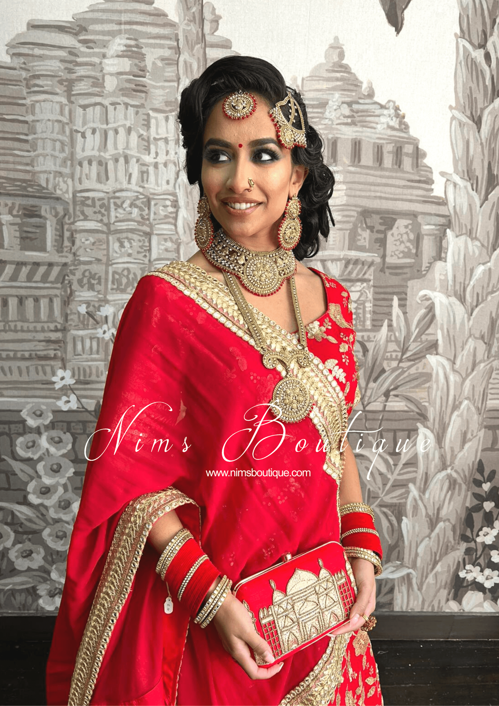 Nims Boutique Madhubala Antique Gold & Red Bridal Set