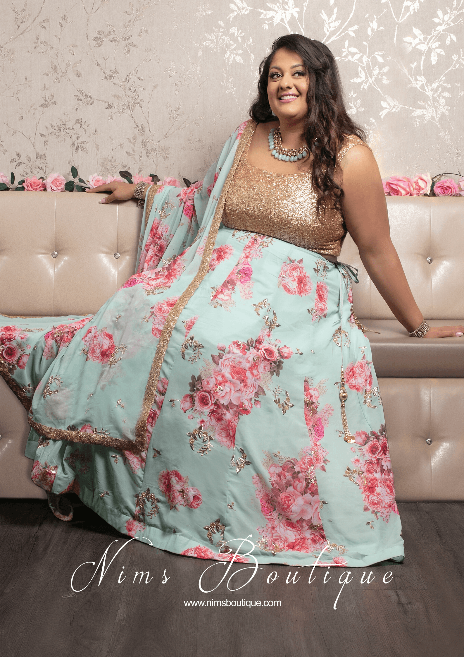 Nims Boutique La Floraison Mint Georgette Floral readymade skirt/lehnga sizes 4-26