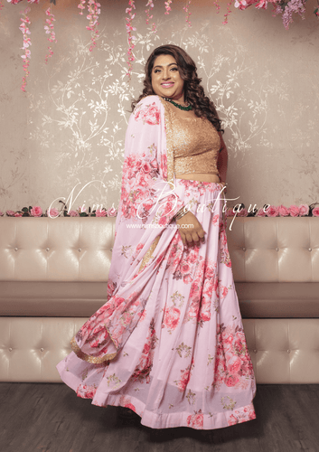 Nims Boutique La Floraison Pink Georgette Floral readymade skirt/lehnga sizes 4-24