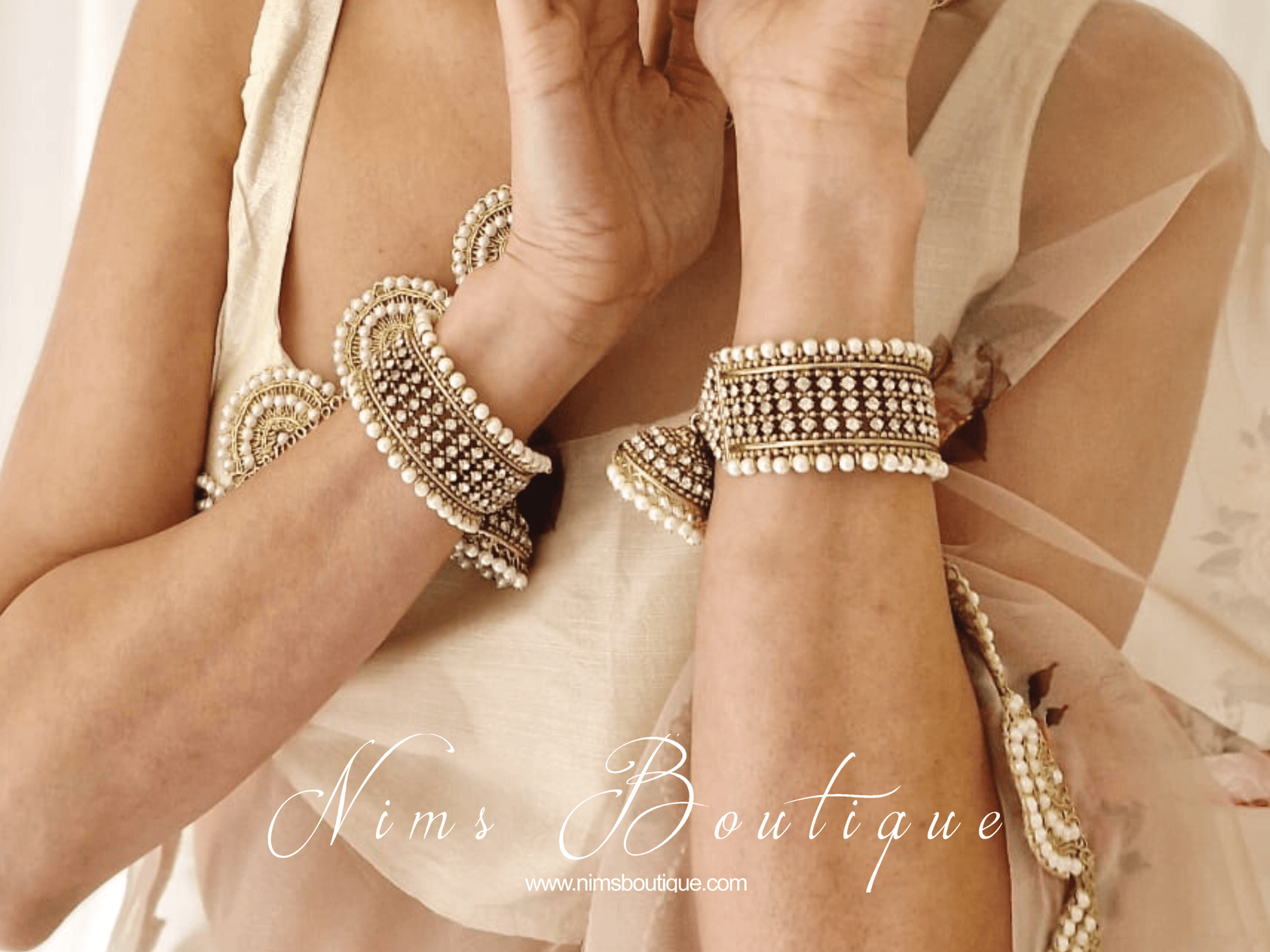 Nims Boutique Pearl & Gold Royal Bracelet with hanging chumka