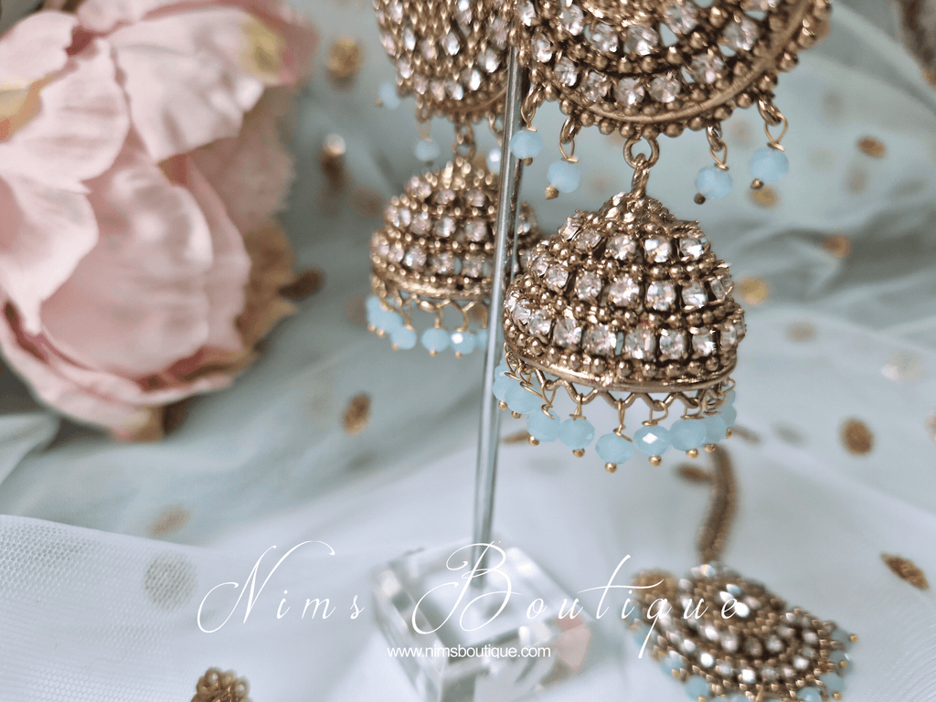 Nims Boutique Royal Antique Gold & Light Blue Tikka Set