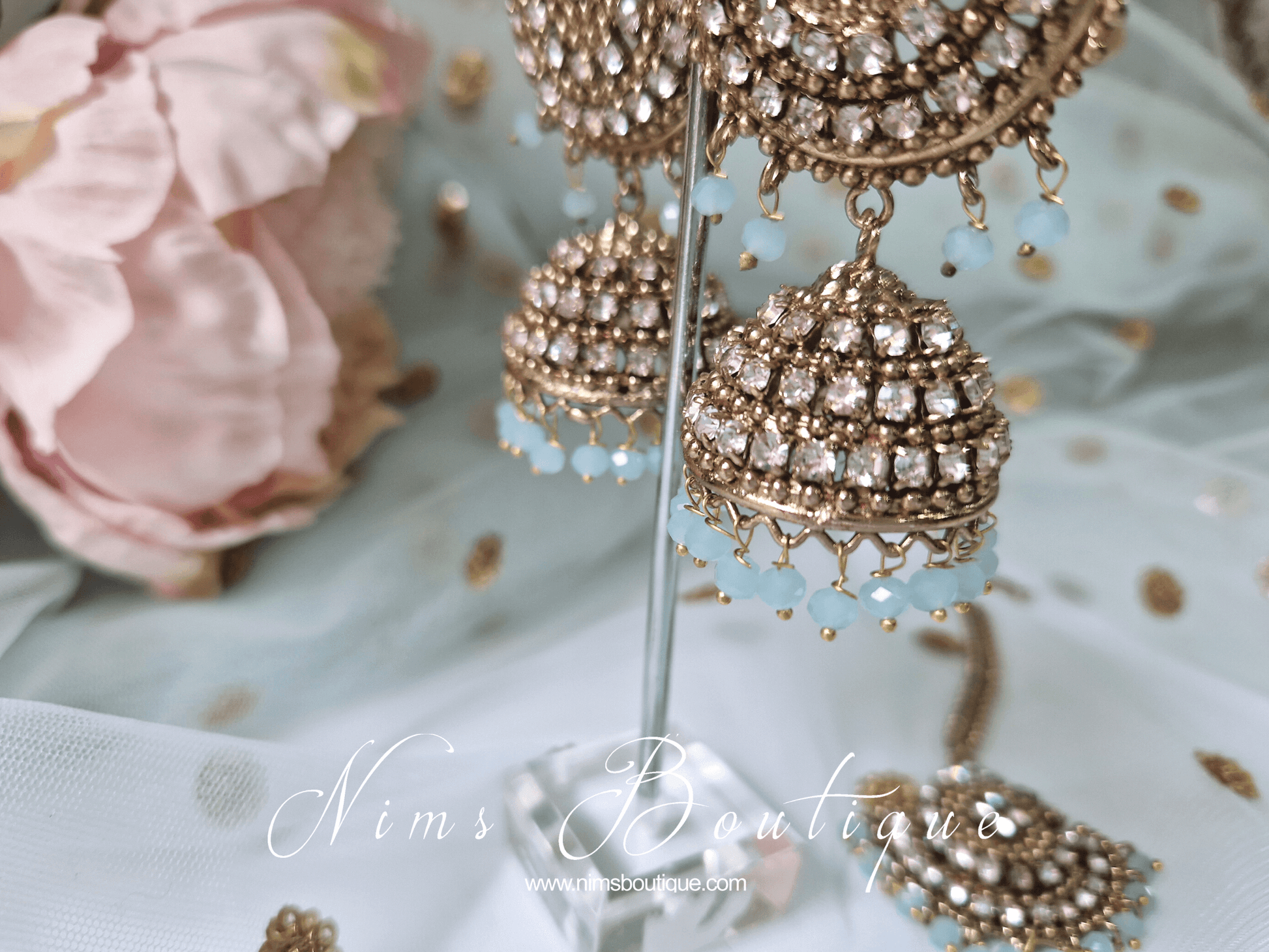 Nims Boutique Royal Antique Gold & Light Blue Tikka Set