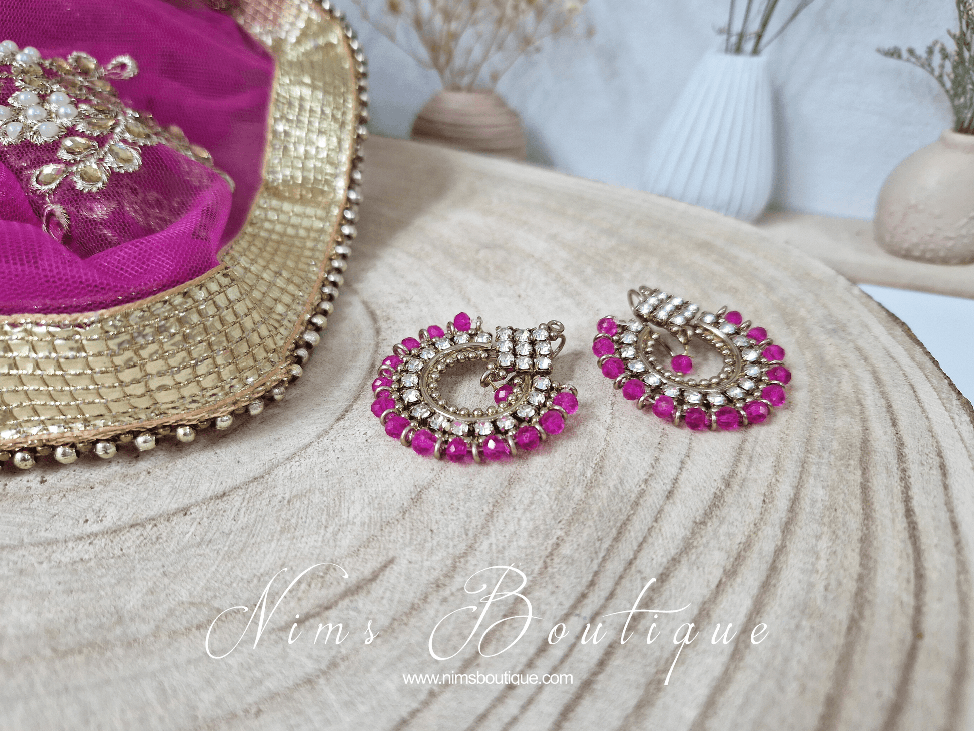 Nims Boutique Vidya Antique Gold & Hot Pink Earrings
