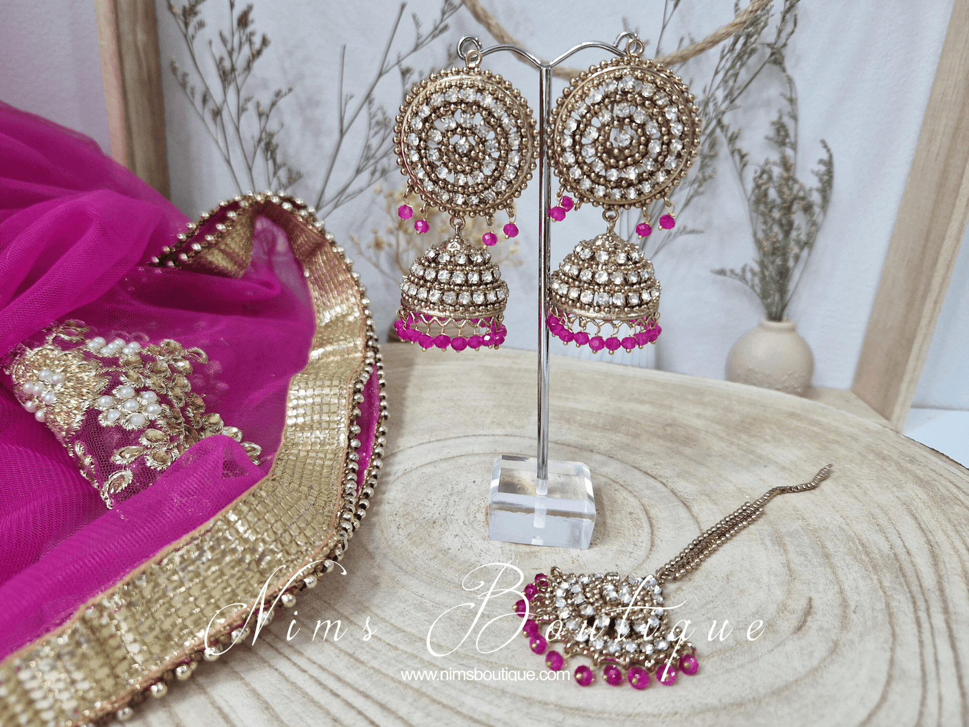 Nims Boutique Royal Antique Gold & Hot Pink Tikka Set
