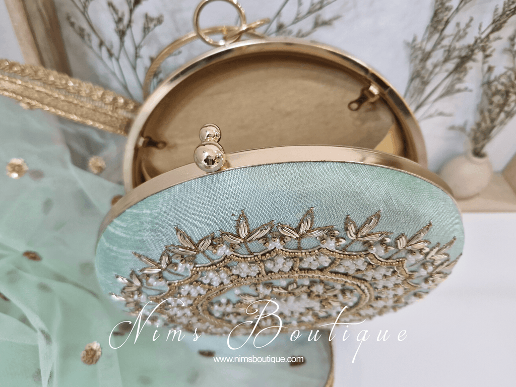 Nims Boutique Large Round Mint Green & Pearl Clutch Bag