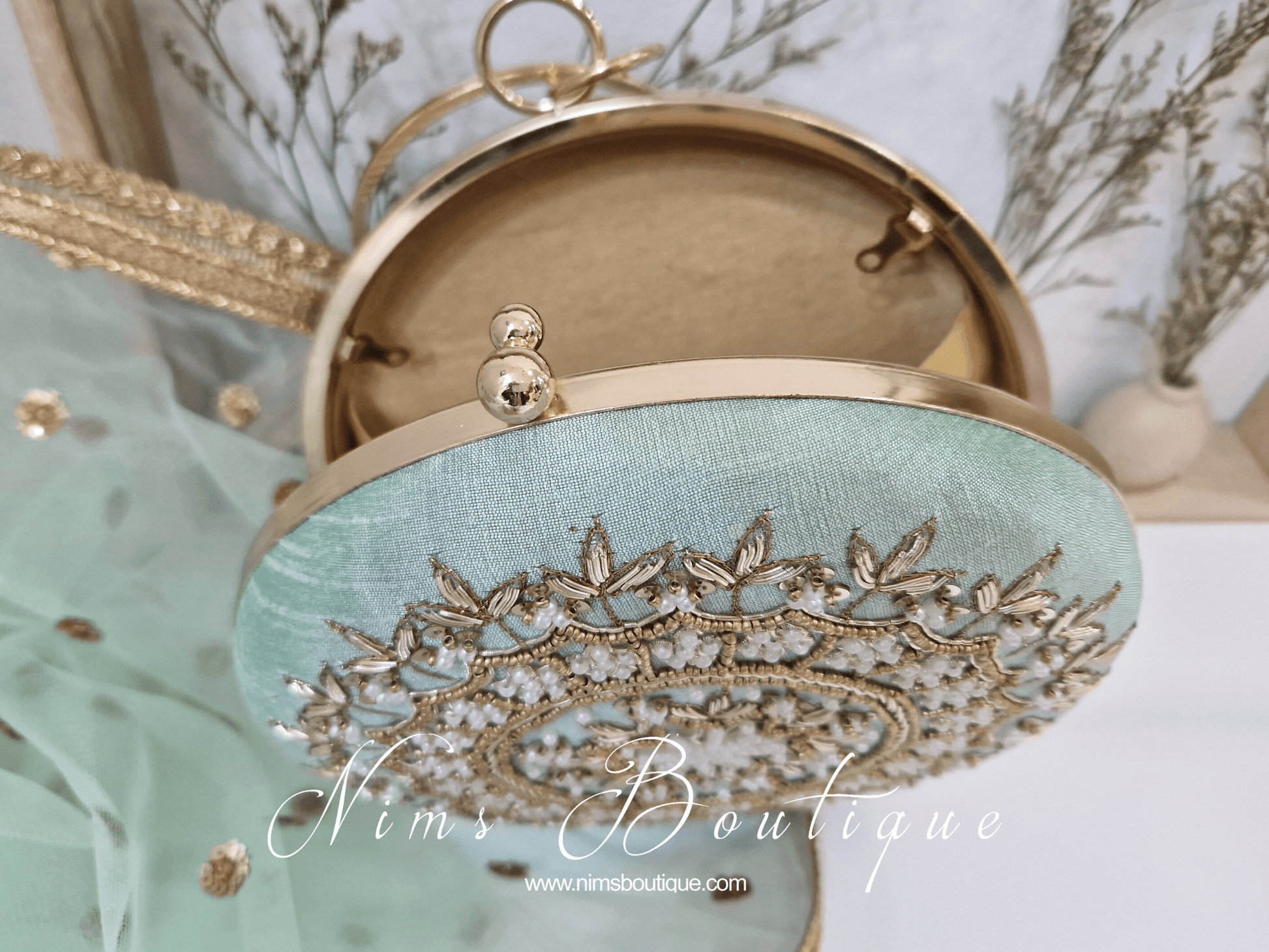 Nims Boutique Large Round Mint Green & Pearl Clutch Bag