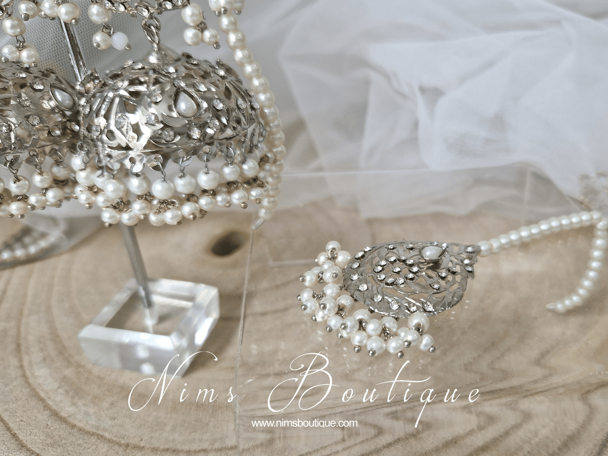 Nims Boutique Mughal Silver & Pearl Earrings & Tikka Set