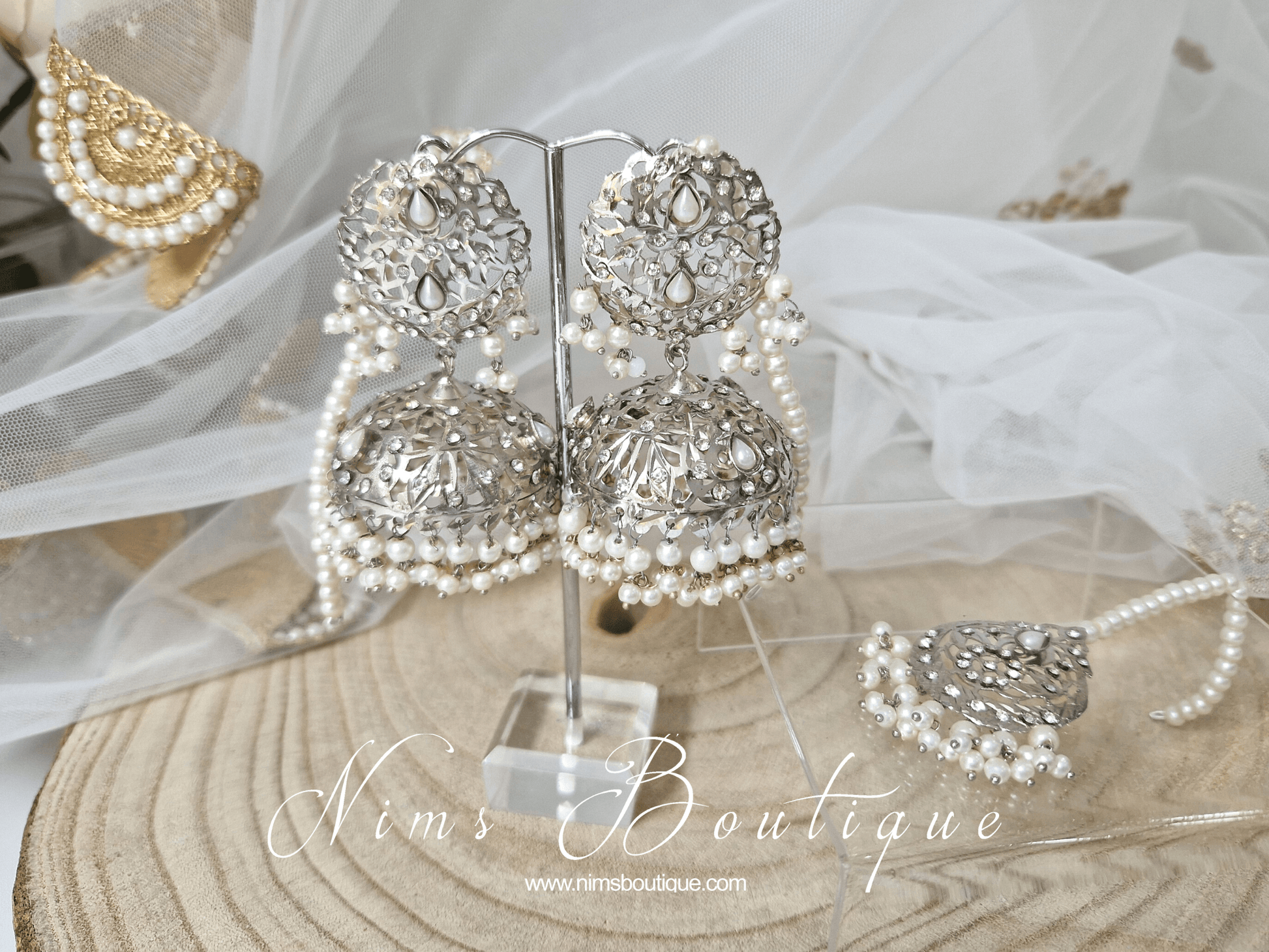 Nims Boutique Mughal Silver & Pearl Earrings & Tikka Set
