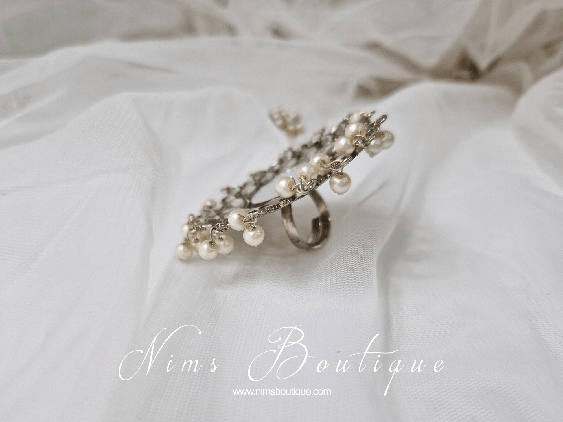Nims Boutique Large Statement Royal Silver & Pearl Mirror Ring