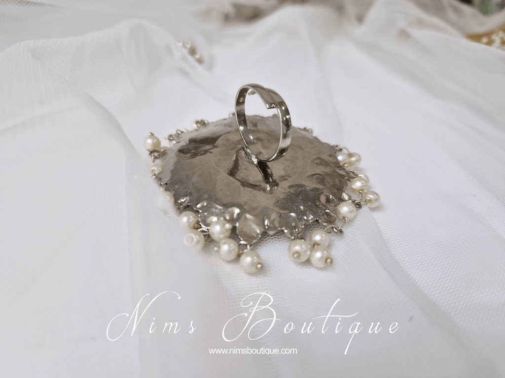 Nims Boutique Large Statement Royal Silver & Pearl Mirror Ring