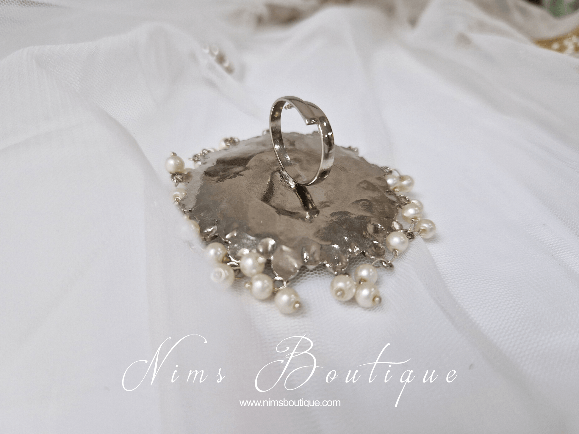 Nims Boutique Large Statement Royal Silver & Pearl Mirror Ring