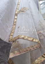 Oyster White Net Pearl Embellished Dupatta/Chunni with Gold Border