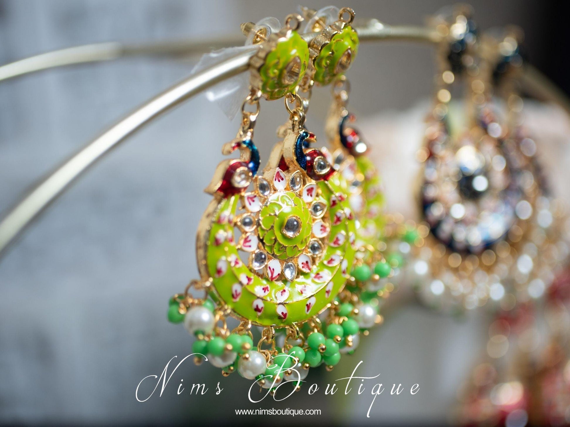 Nims Boutique Moorni Lime Meenakari Peacock Earrings