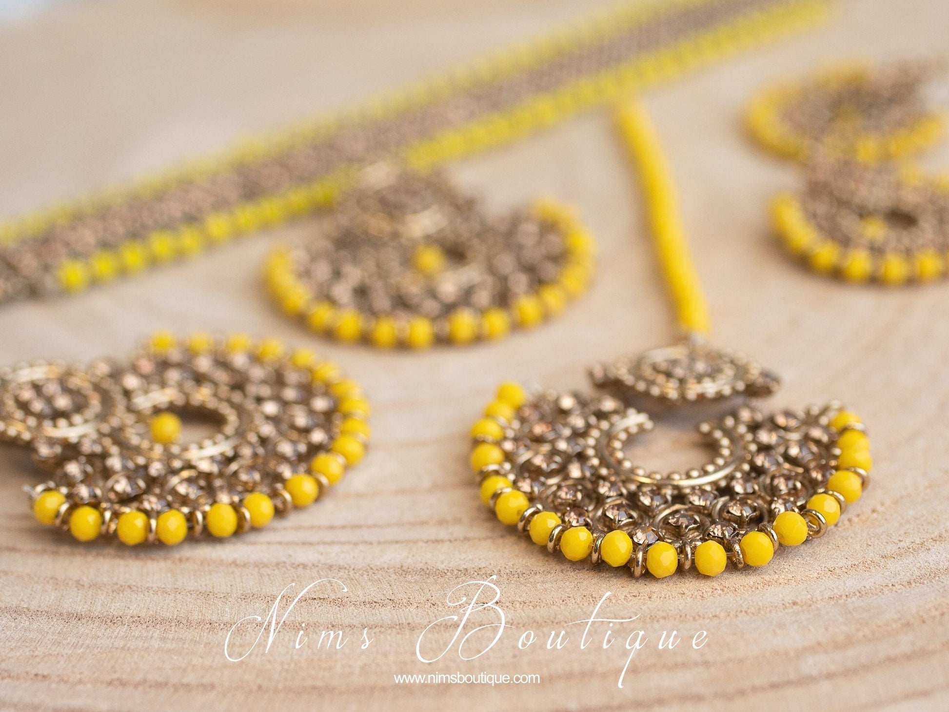 Nims Boutique Royal Dark Yellow & Gold Stone Chand Tikka Set