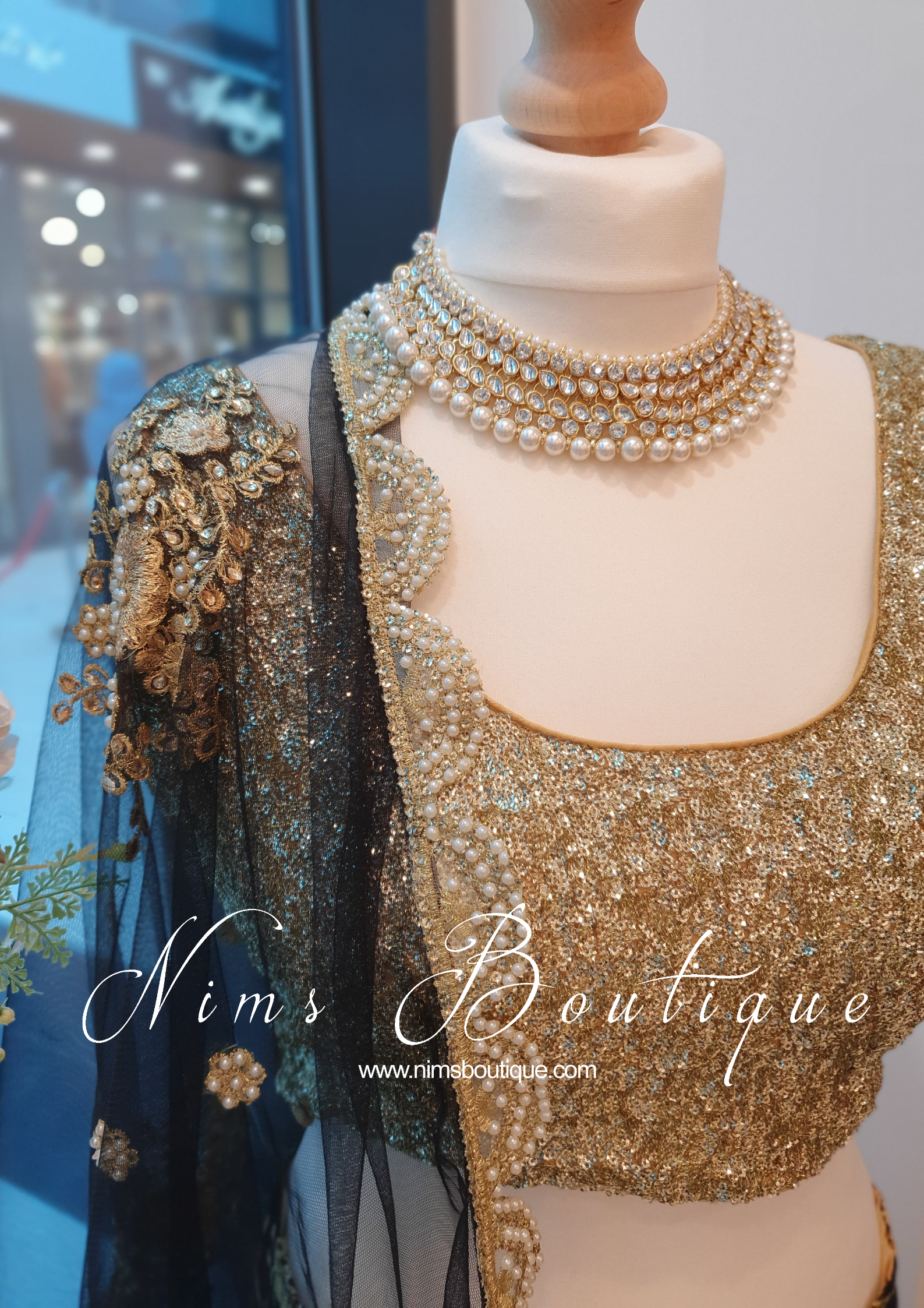 Nims Boutique Black Net Pearl Embellished Dupatta/Chunni with Luxury Pearl Edging NPE5