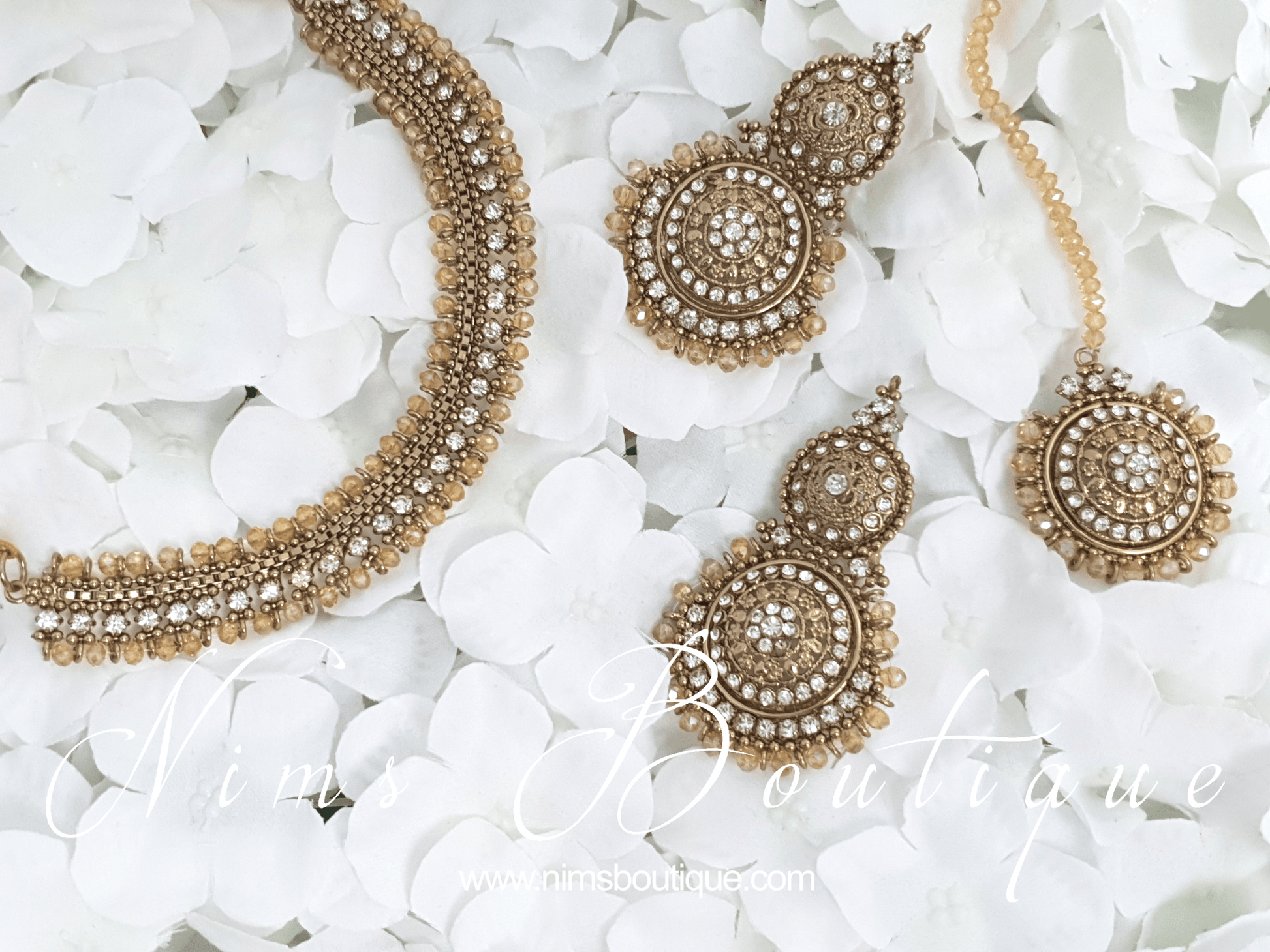 Nims Boutique Royal Gold Tikka & Earrings Set with clear stone
