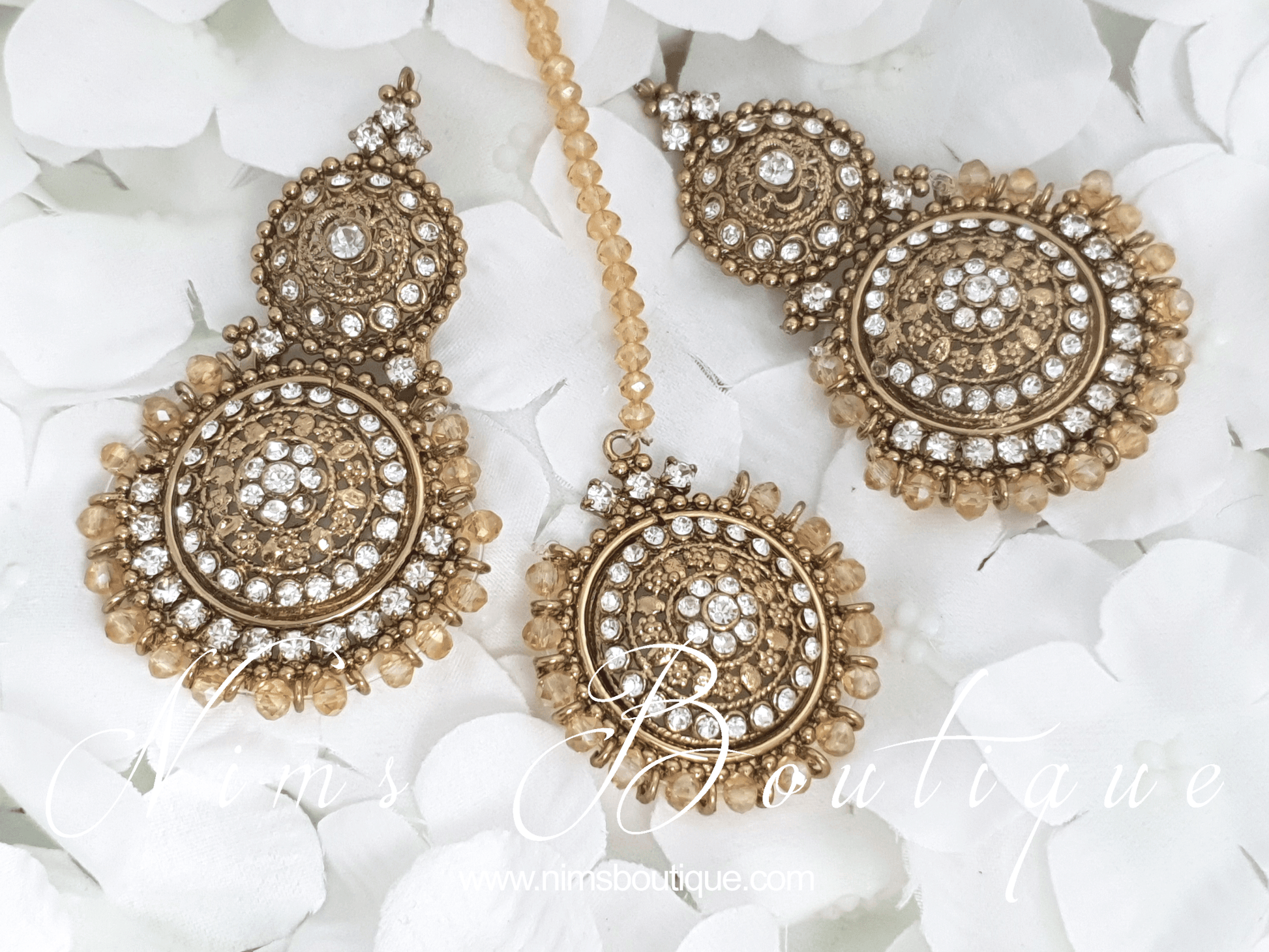 Nims Boutique Royal Gold Tikka & Earrings Set with clear stone