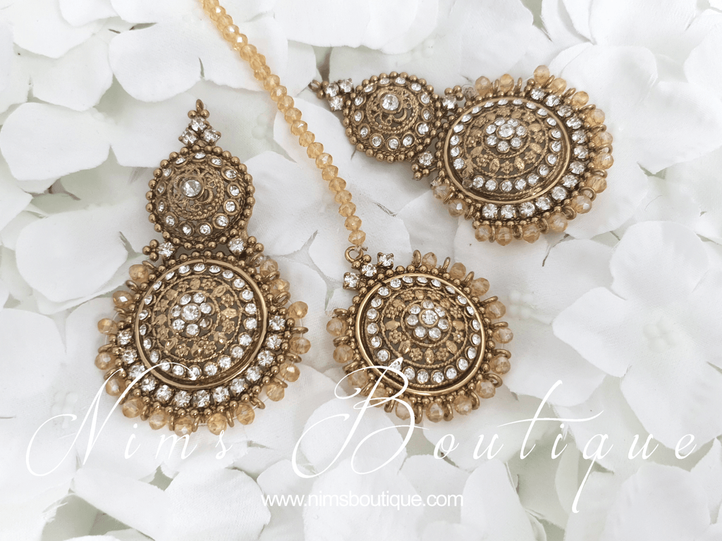 Nims Boutique Royal Gold Tikka & Earrings Set with clear stone