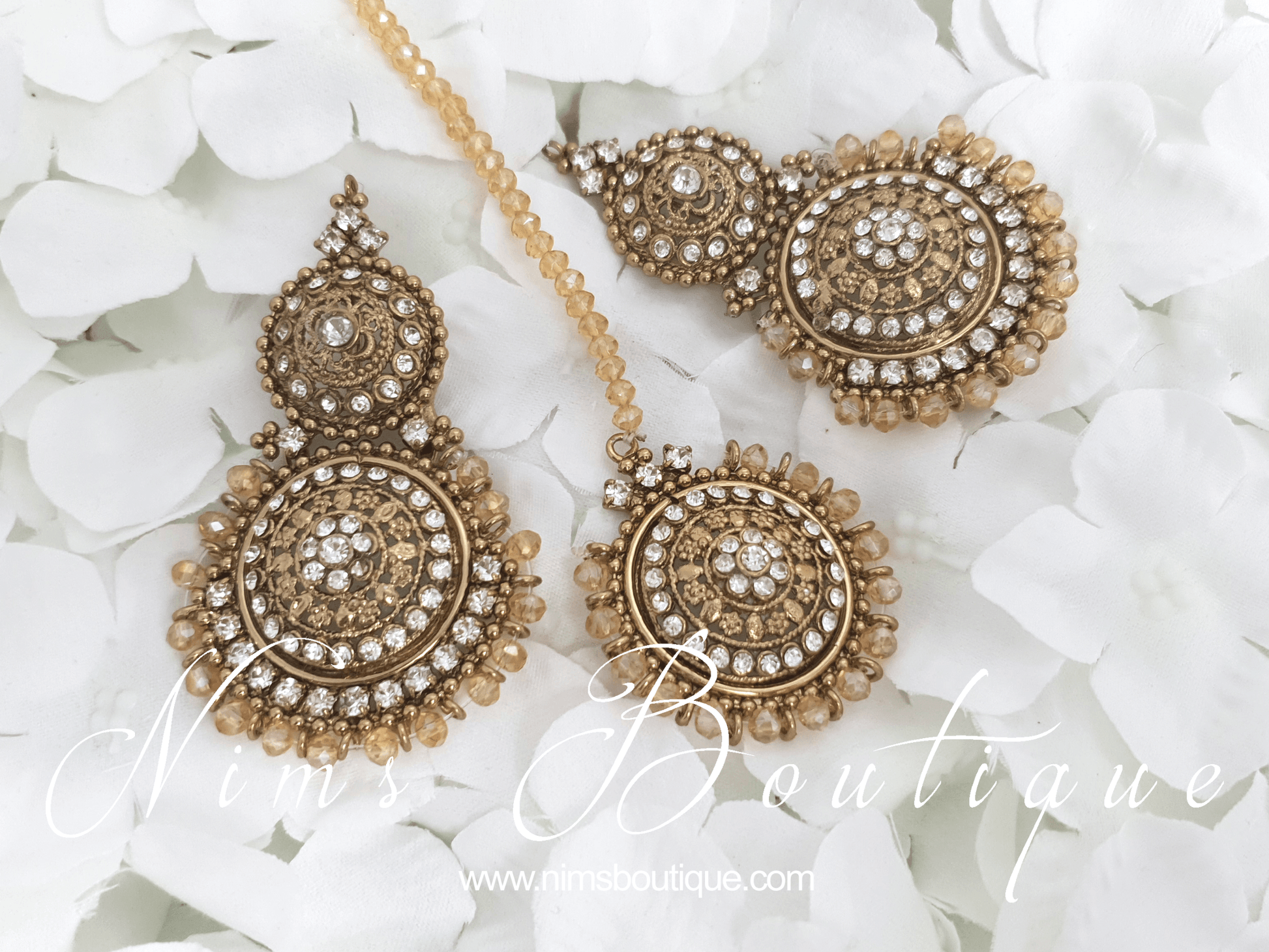 Nims Boutique Royal Gold Tikka & Earrings Set with clear stone