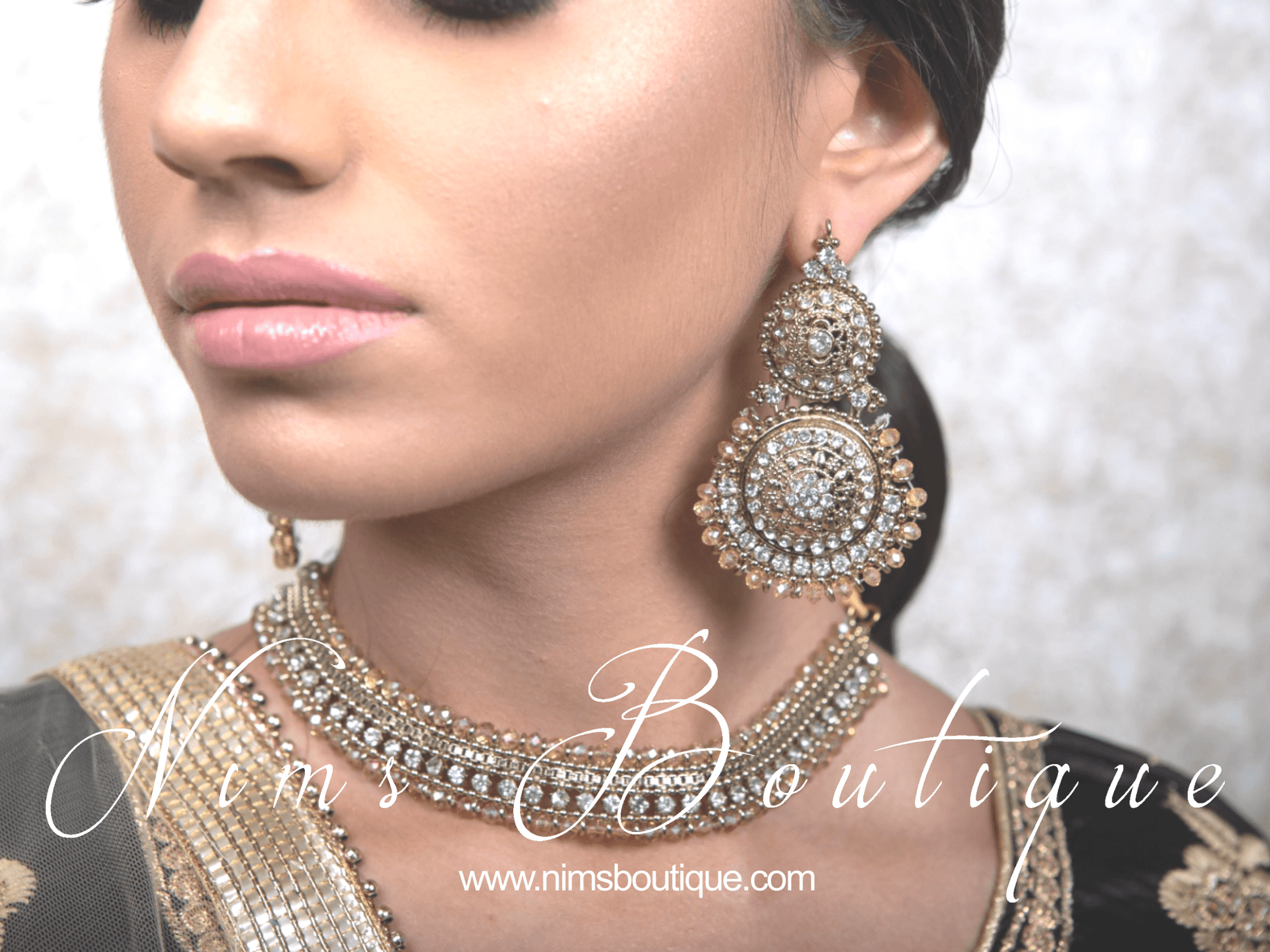 Nims Boutique Royal Gold Tikka & Earrings Set with clear stone