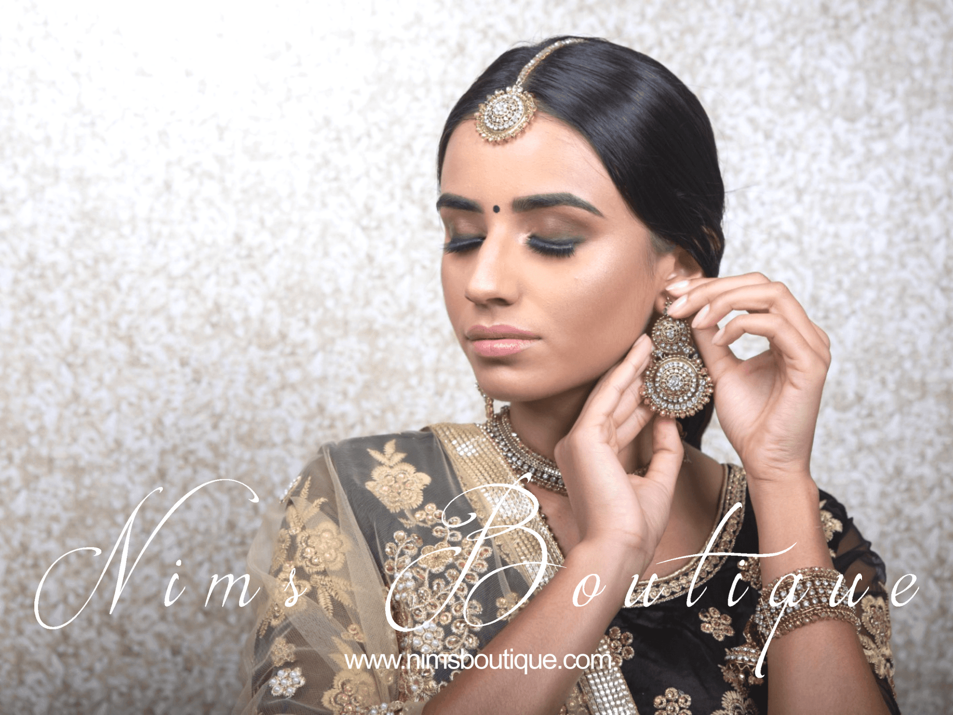Nims Boutique Royal Gold Tikka & Earrings Set with clear stone 