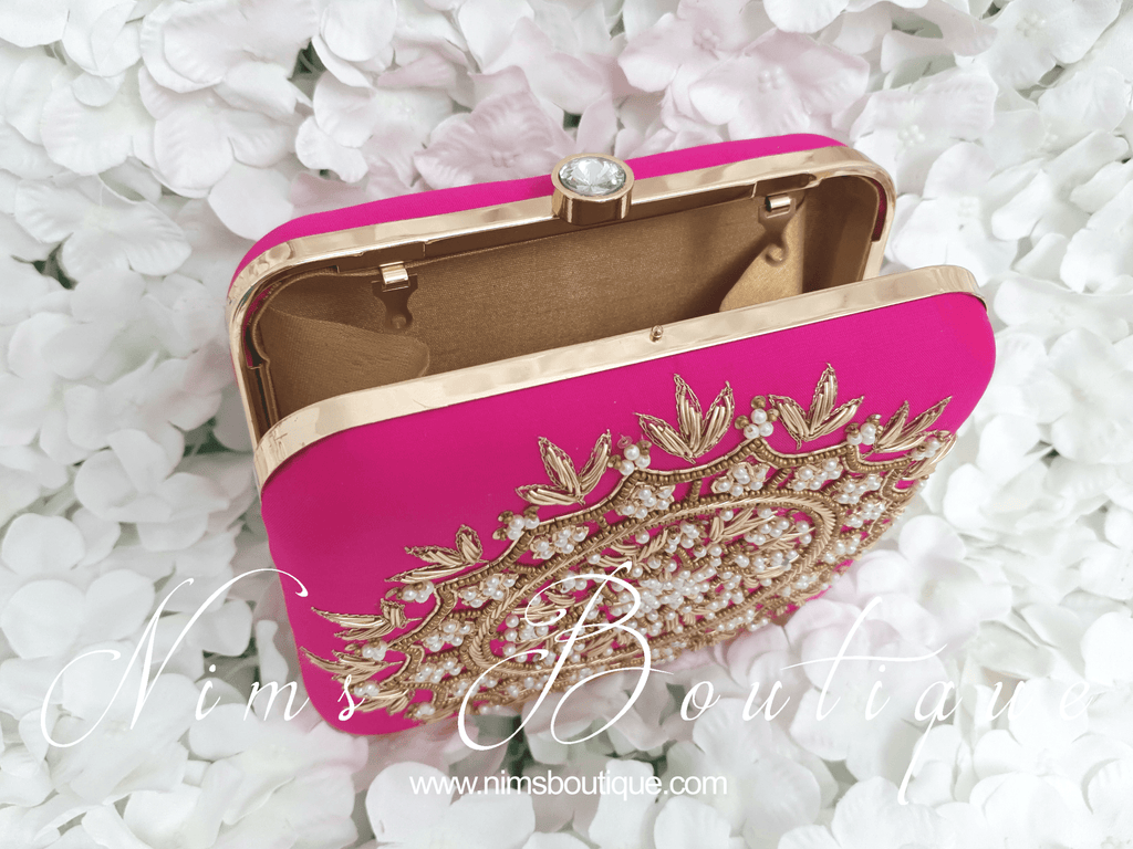 Nims Boutique Large Pink Raw Silk Pearl Embellished Clutch Bag
