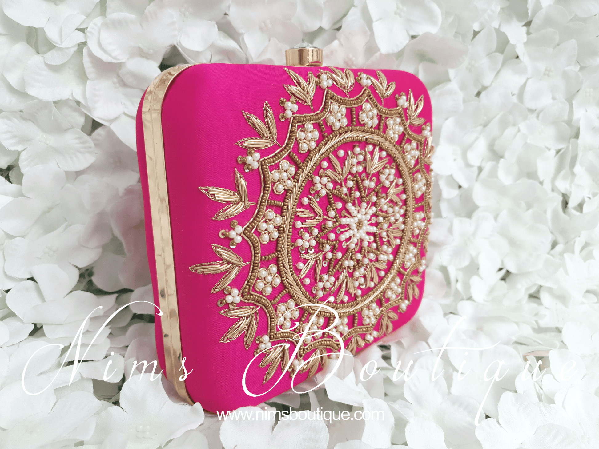 Nims Boutique Large Pink Raw Silk Pearl Embellished Clutch Bag