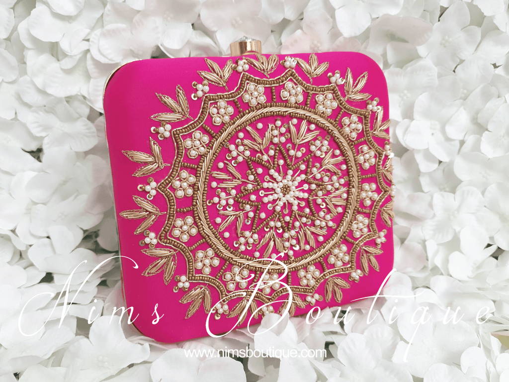 Nims Boutique Large Pink Raw Silk Pearl Embellished Clutch Bag