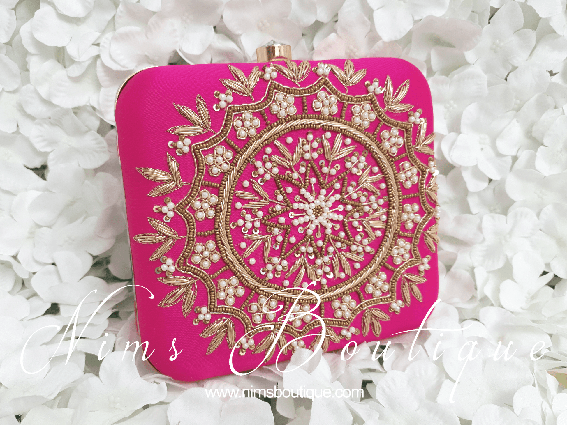 Nims Boutique Large Pink Raw Silk Pearl Embellished Clutch Bag